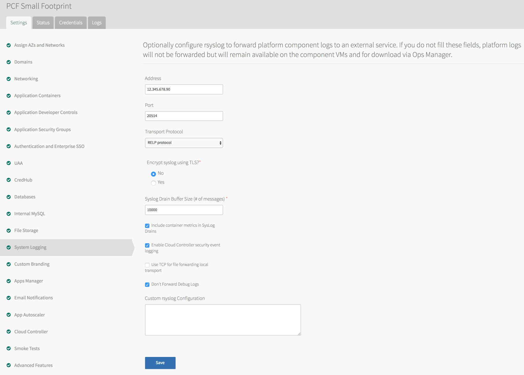 Pivotal Platform syslog forwarding config