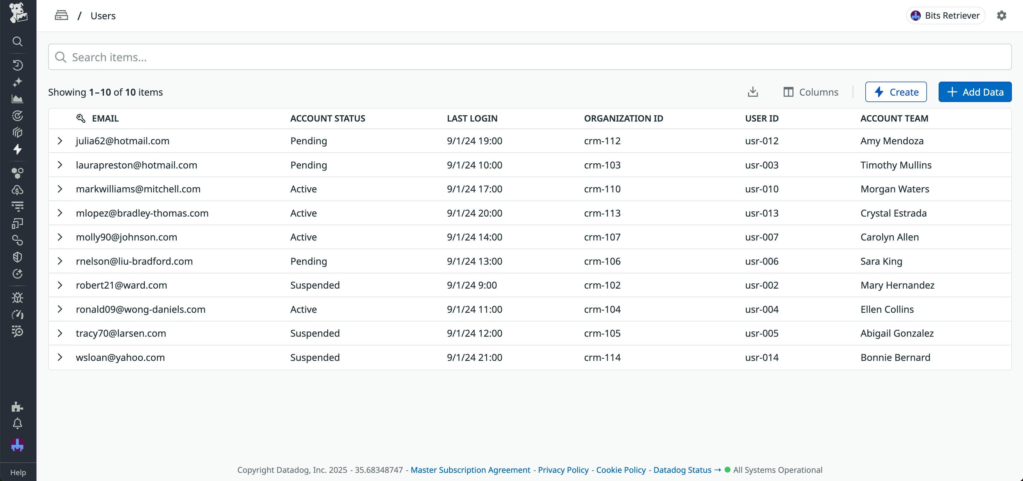 A datastore with information about the user's account, organization, and Datadog contact. A datastore with information about the user's account, organization, and Datadog contact.