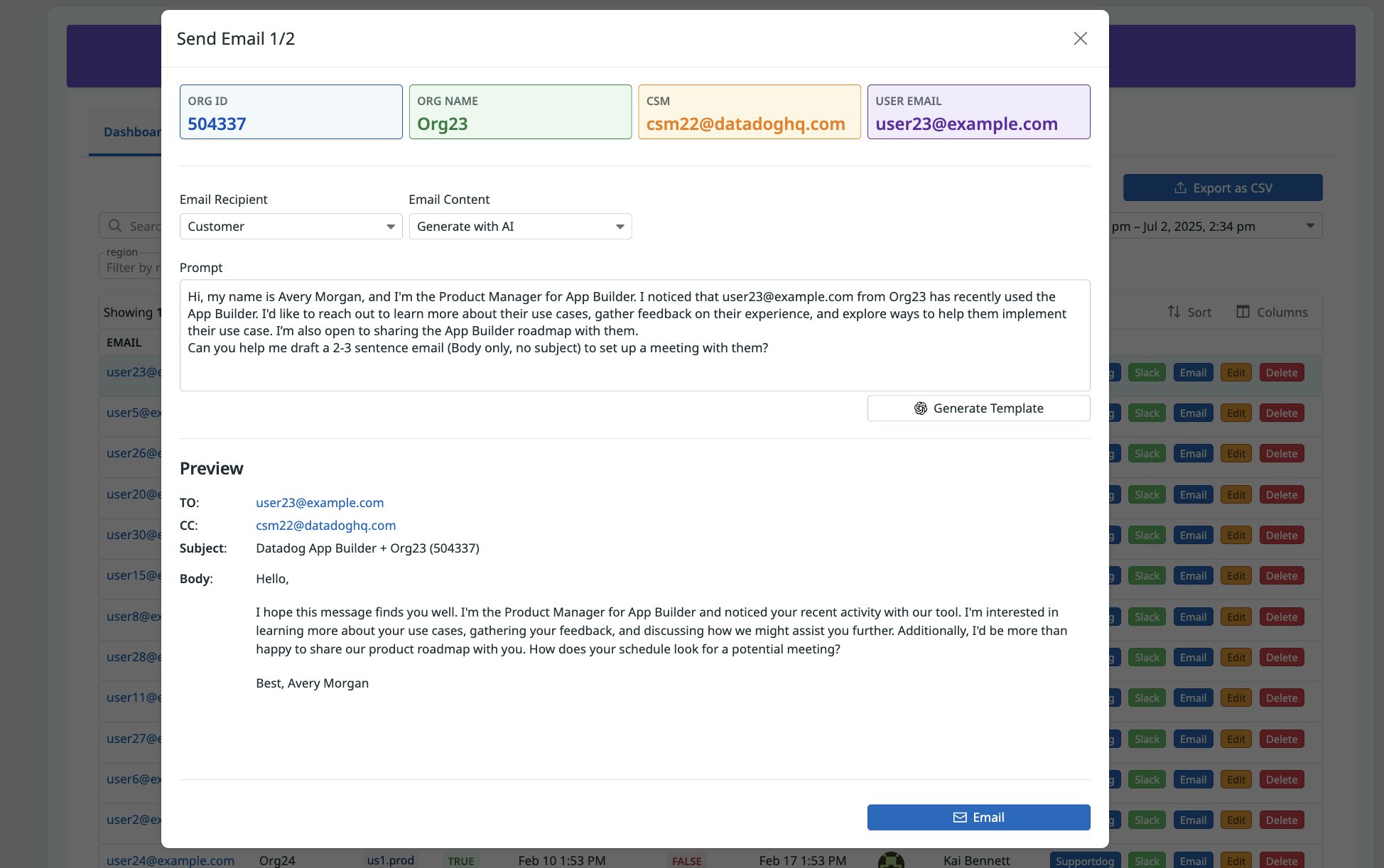The app's contact feature, with a pre-filled prompt for an AI email generator displayed. The app's contact feature, with a pre-filled prompt for an AI email generator displayed.