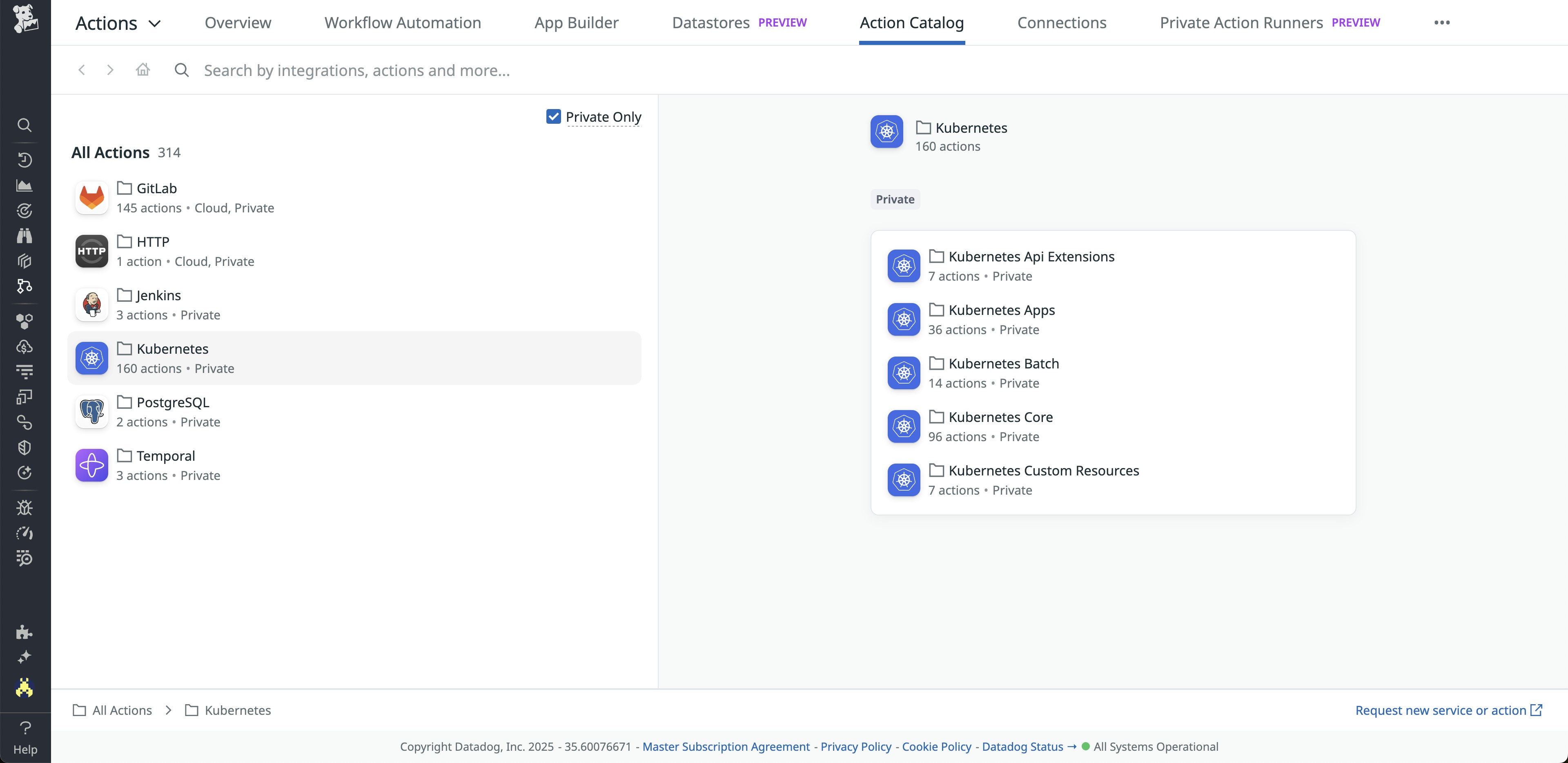 The Action Catalog showing the availability of 160 Kubernetes actions. The Action Catalog showing the availability of 160 Kubernetes actions.