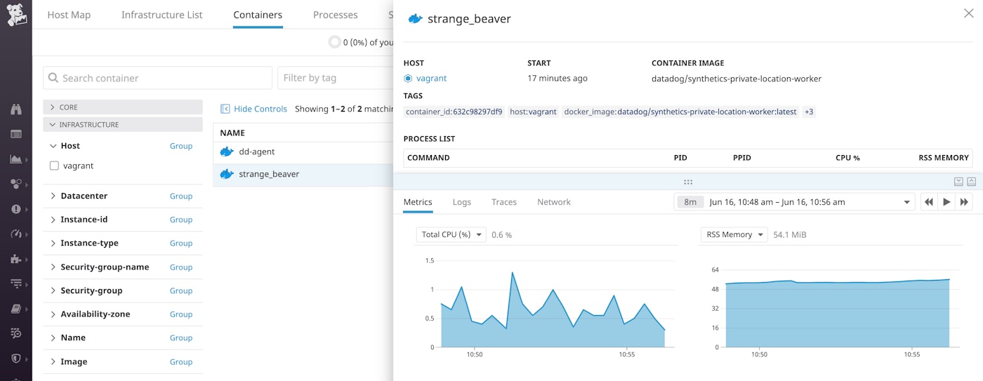 Once you set up private locations for private synthetic monitoring, you can also monitor your private location containers via our Docker integration. Once you set up private locations for private synthetic monitoring, you can also monitor your private location containers via our Docker integration.