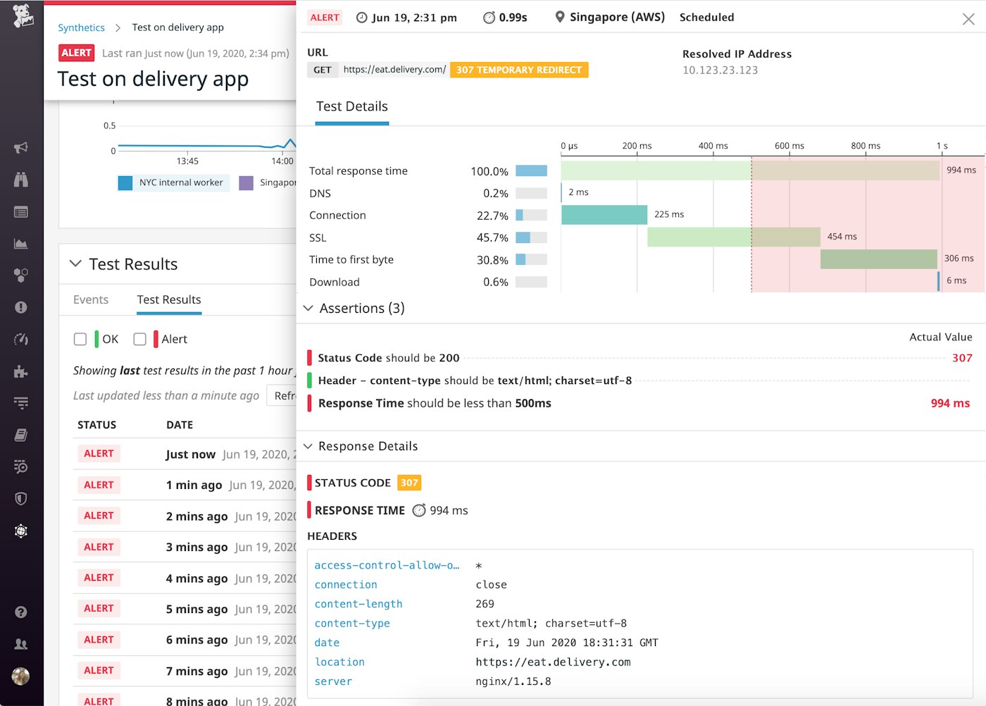 This private synthetic monitoring API test shows a breakdown of the network timings to help you troubleshoot the slowdown. This private synthetic monitoring API test shows a breakdown of the network timings to help you troubleshoot the slowdown.