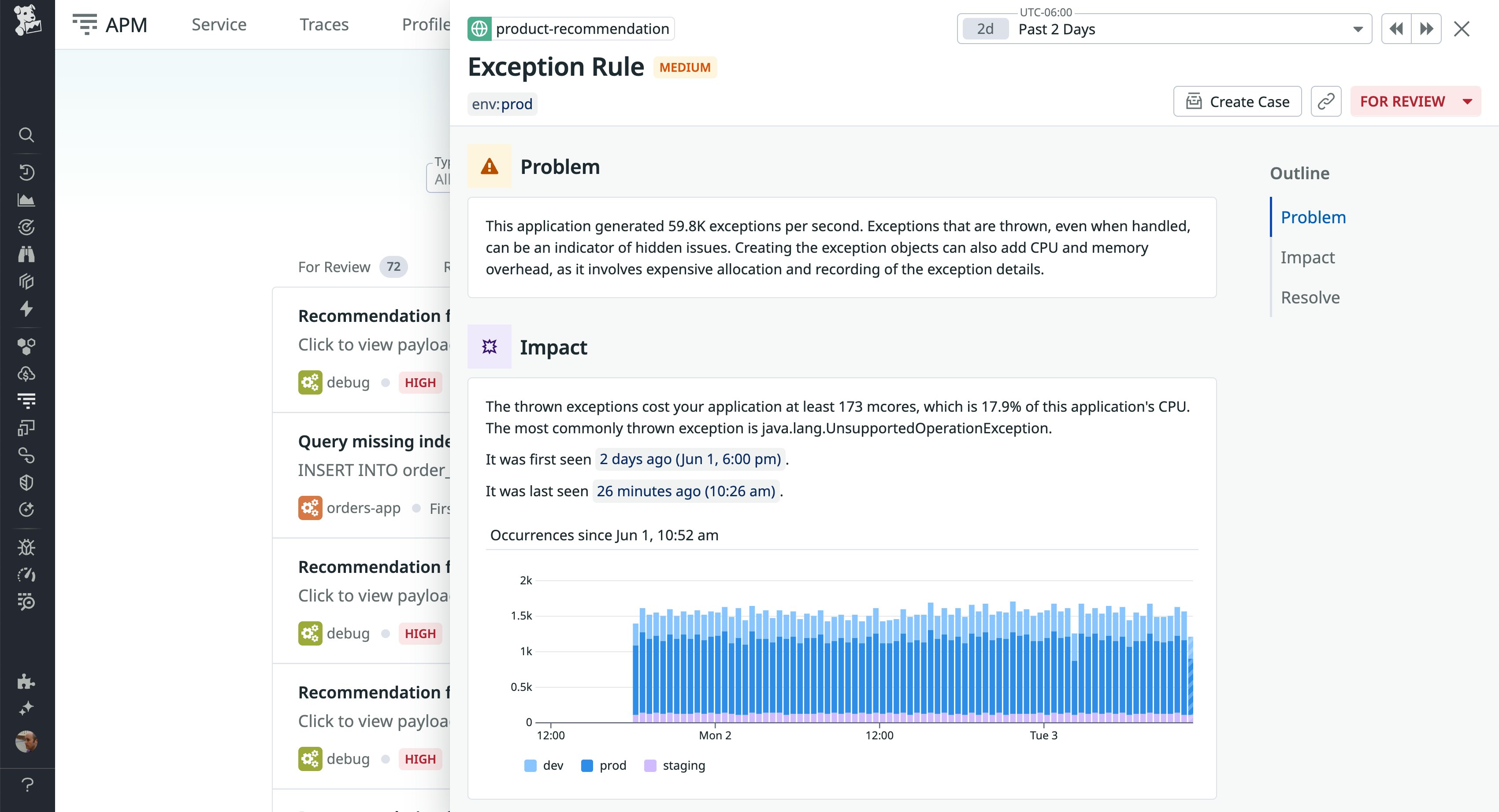 An exception recommendation describes the problem and shows a stacked bar chart showing its impact in dev, staging, and prod environments. An exception recommendation describes the problem and shows a stacked bar chart showing its impact in dev, staging, and prod environments.