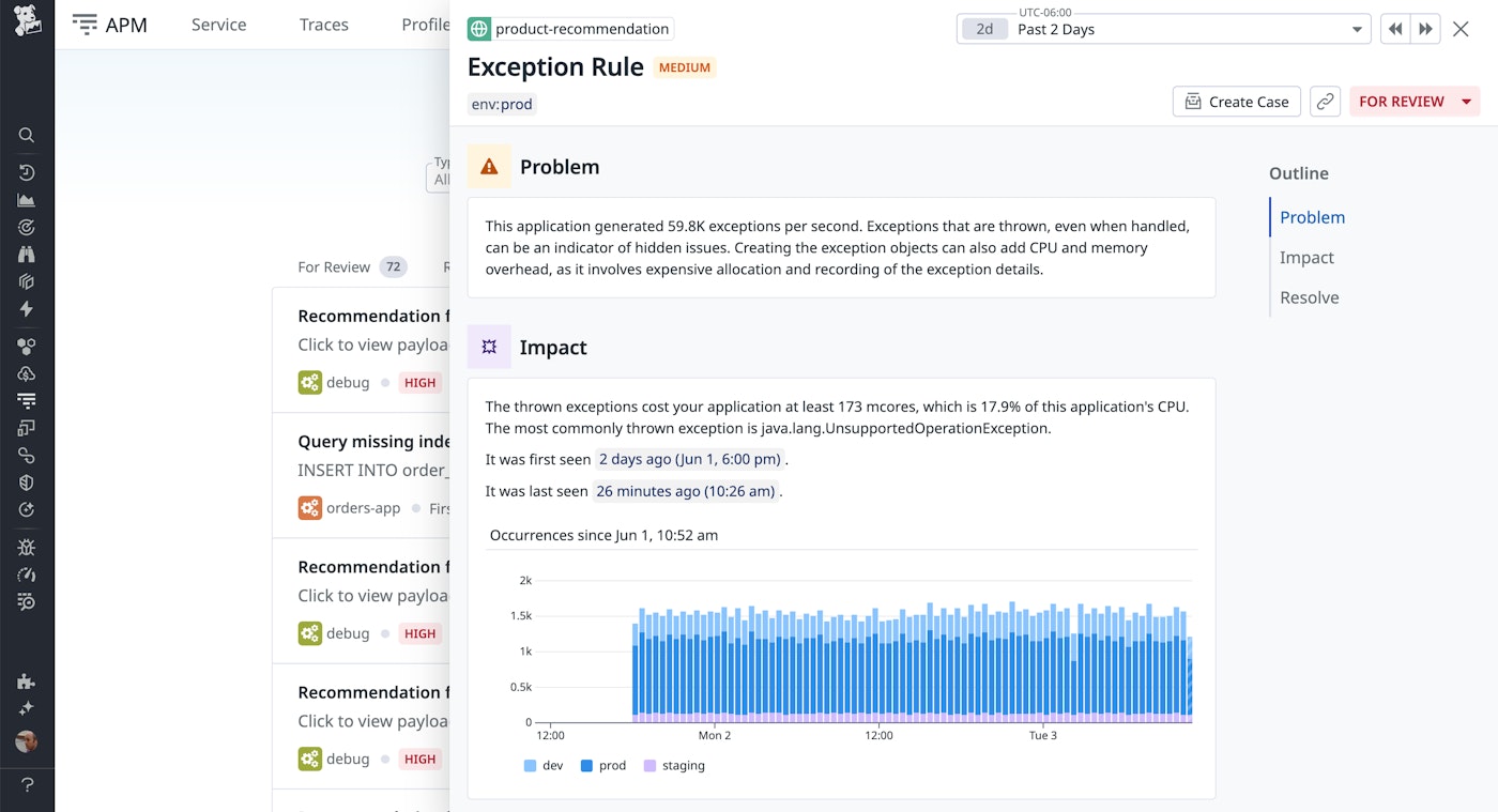 An exception recommendation describes the problem and shows a stacked bar chart showing its impact in dev, staging, and prod environments. An exception recommendation describes the problem and shows a stacked bar chart showing its impact in dev, staging, and prod environments.