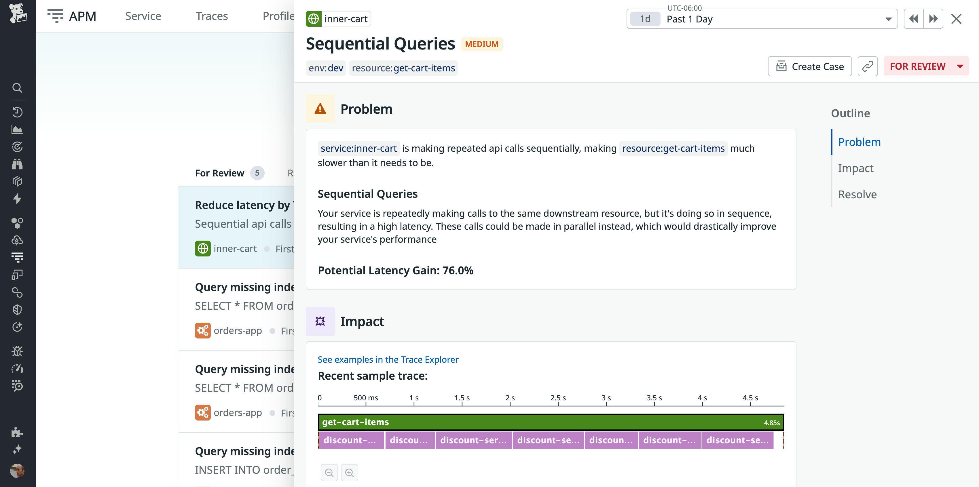 Proactive App Recommendations titled Sequential Queries, highlighting unnecessary latency. A potential latency gain of 76.0% is indicated. Below the problem description, a trace visualization shows sequential downstream calls to discount-service, reinforcing the latency issue. The interface includes sections for Problem, Impact, and Resolve, with Problem selected. Proactive App Recommendations titled Sequential Queries, highlighting unnecessary latency. A potential latency gain of 76.0% is indicated. Below the problem description, a trace visualization shows sequential downstream calls to discount-service, reinforcing the latency issue. The interface includes sections for Problem, Impact, and Resolve, with Problem selected.