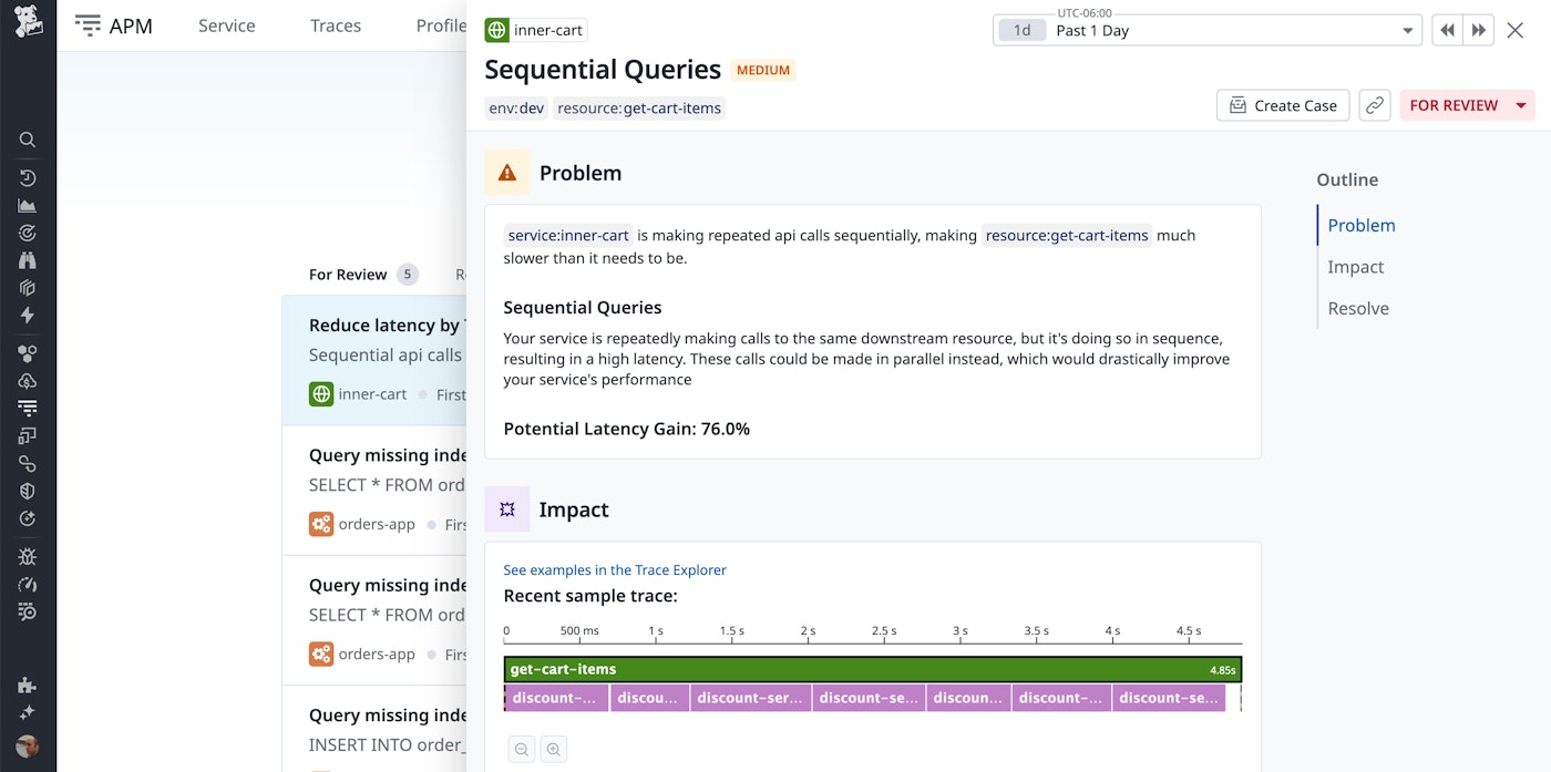Proactive App Recommendations titled Sequential Queries, highlighting unnecessary latency. A potential latency gain of 76.0% is indicated. Below the problem description, a trace visualization shows sequential downstream calls to discount-service, reinforcing the latency issue. The interface includes sections for Problem, Impact, and Resolve, with Problem selected. Proactive App Recommendations titled Sequential Queries, highlighting unnecessary latency. A potential latency gain of 76.0% is indicated. Below the problem description, a trace visualization shows sequential downstream calls to discount-service, reinforcing the latency issue. The interface includes sections for Problem, Impact, and Resolve, with Problem selected.