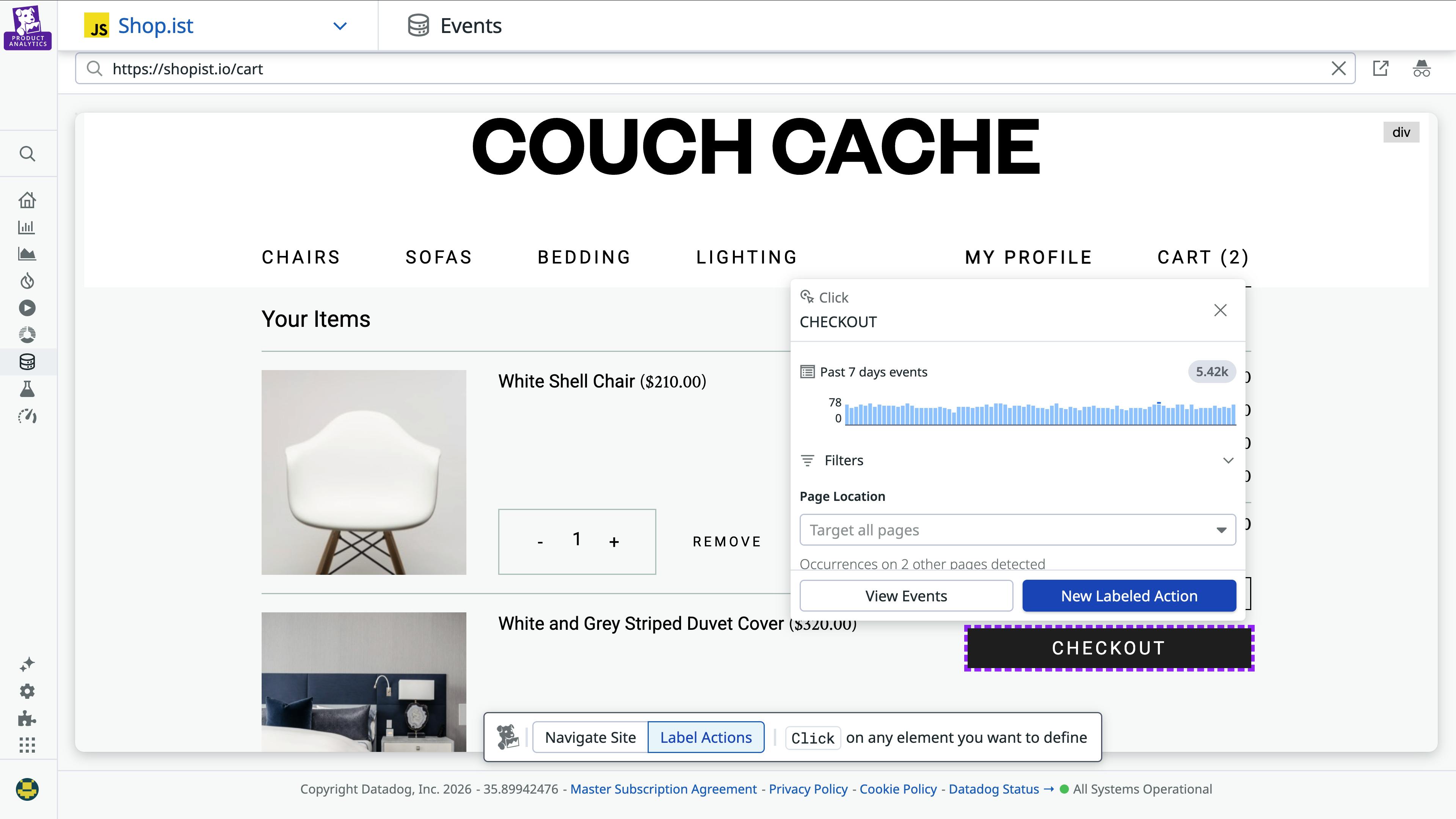 Label checkout click action on cart page in Datadog Product Analytics.