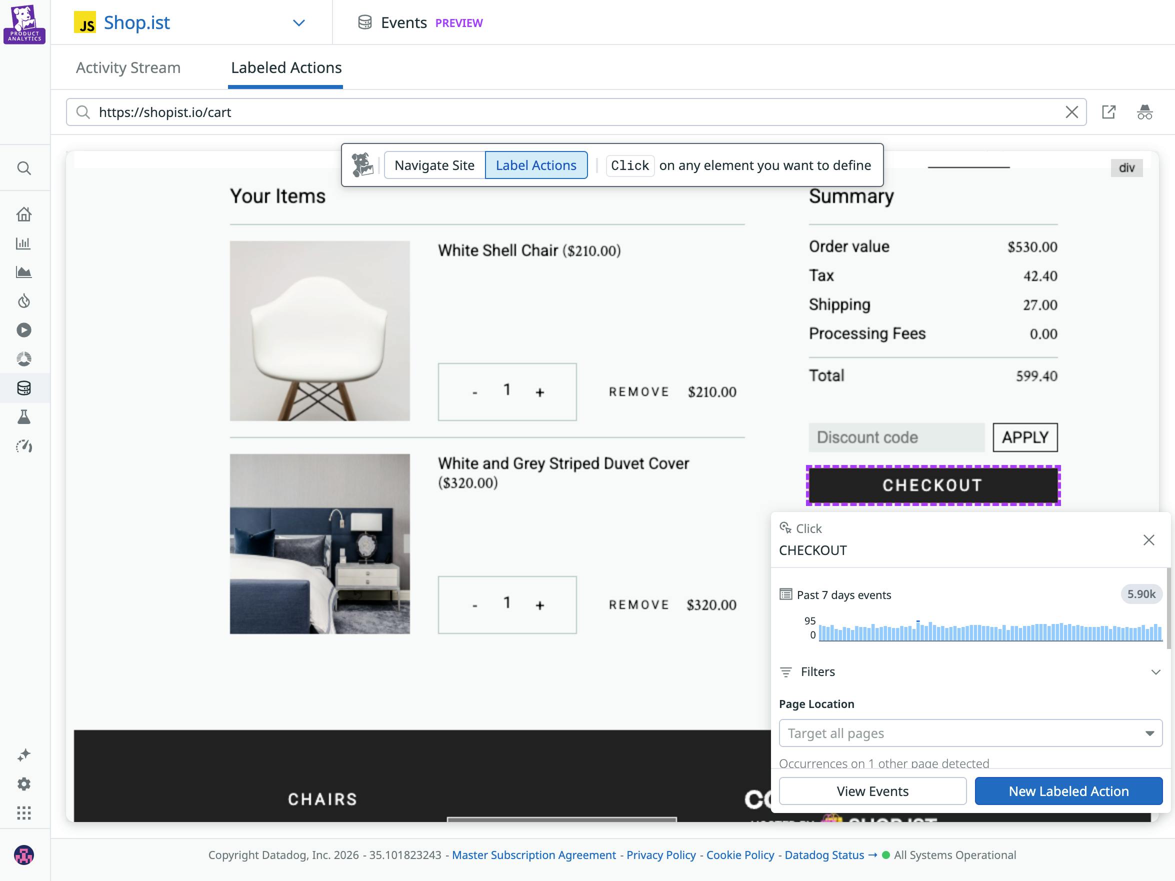 A screenshot showing checkout click data for an online store