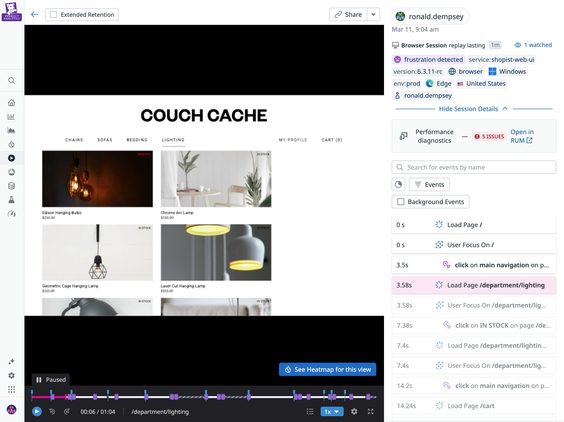 A screenshot showing a session replay correlating with product analytics and RUM data A screenshot showing a session replay correlating with product analytics and RUM data