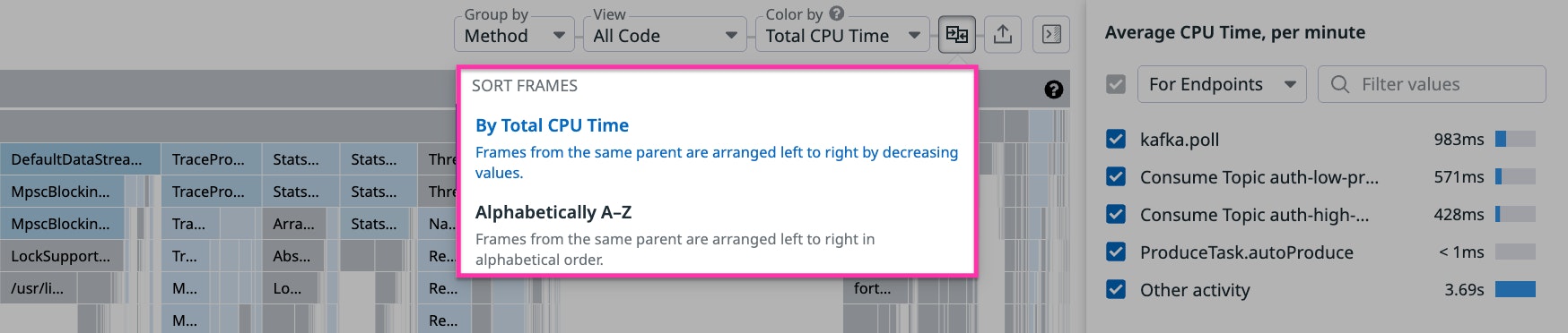 Sorting frames by total CPU time Sorting frames by total CPU time