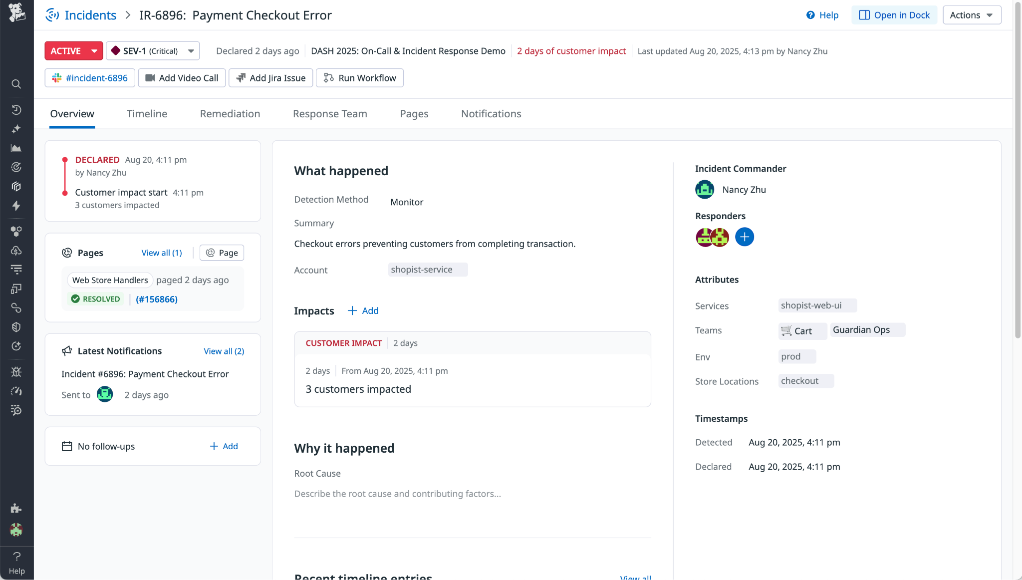 An incident in Datadog Incident Response for an error that stopped customers from completing transactions. An incident in Datadog Incident Response for an error that stopped customers from completing transactions.