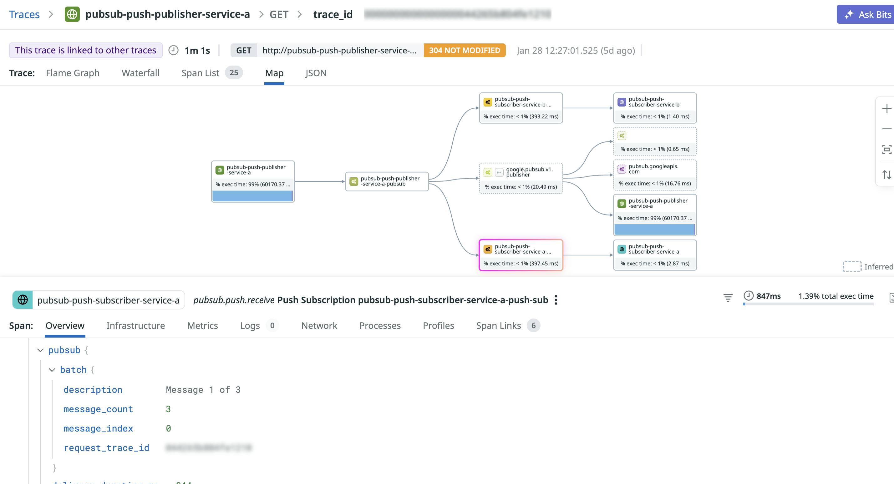 A trace view highlights delivery latency for a Pub/Sub message so you can separate queue time from application processing time.