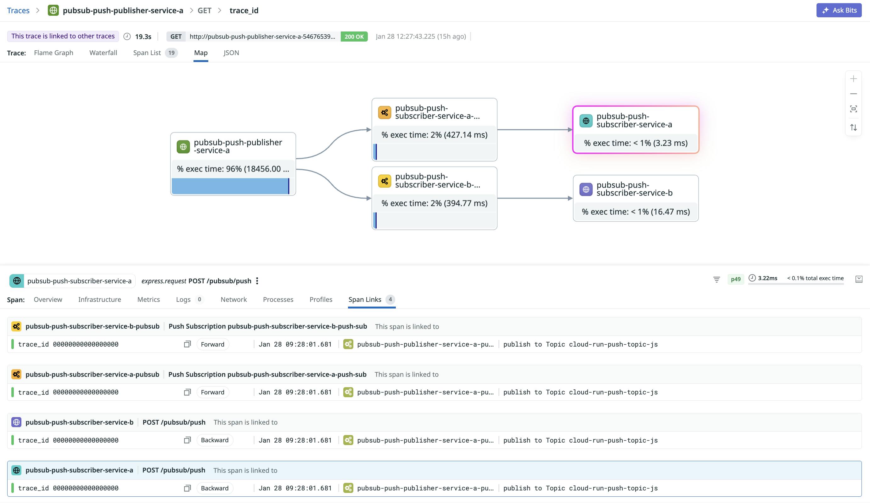 A trace view shows span links from consumer message spans back to a producer batch publish span to troubleshoot fan-out behavior.