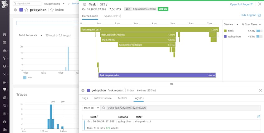 Datadog Python logs correlacionados com os traços do pedido