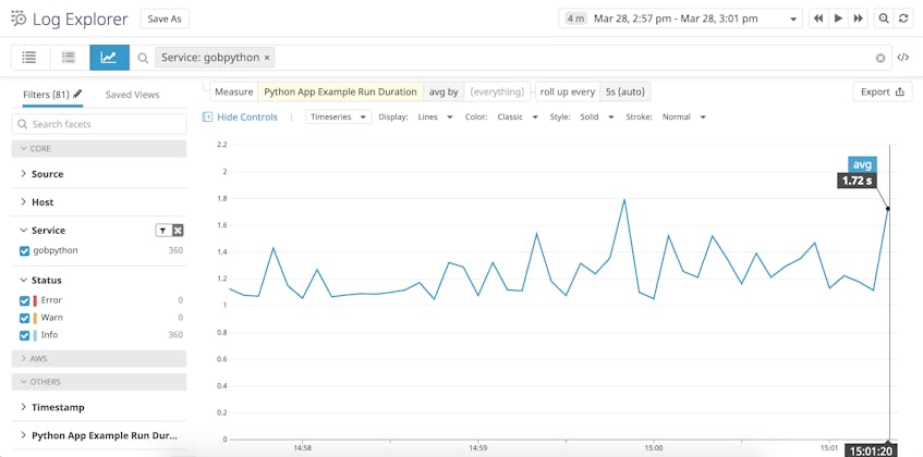 Datadog log analytics for Python logs custom JSON attribute for run duration