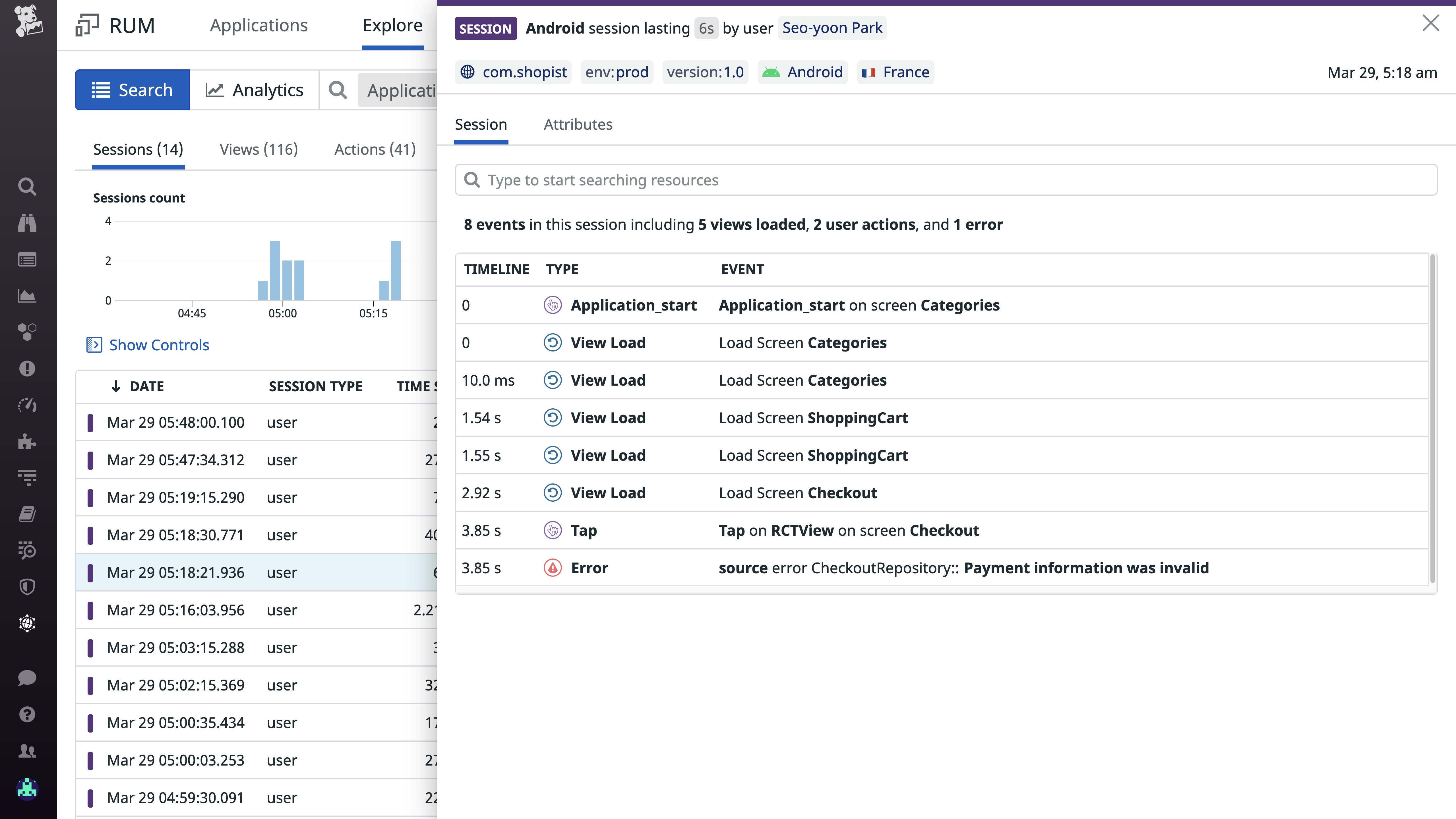 React Native monitoring - Viewing the actions performed by a user during a single session. React Native monitoring - Viewing the actions performed by a user during a single session.