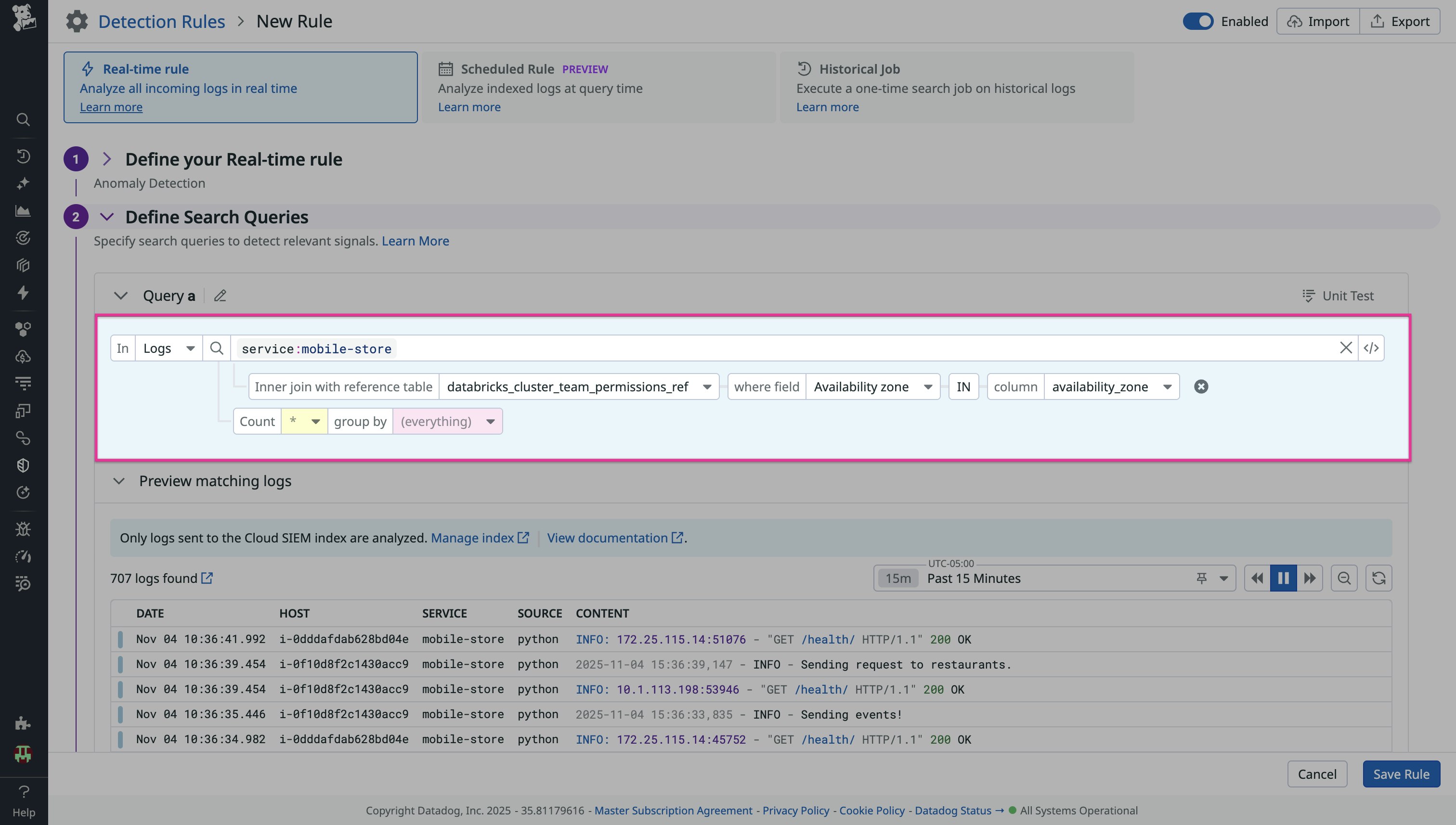 A screenshot showing the creation of an anomaly detection rule based on the Databricks Reference Table. A screenshot showing the creation of an anomaly detection rule based on the Databricks Reference Table.