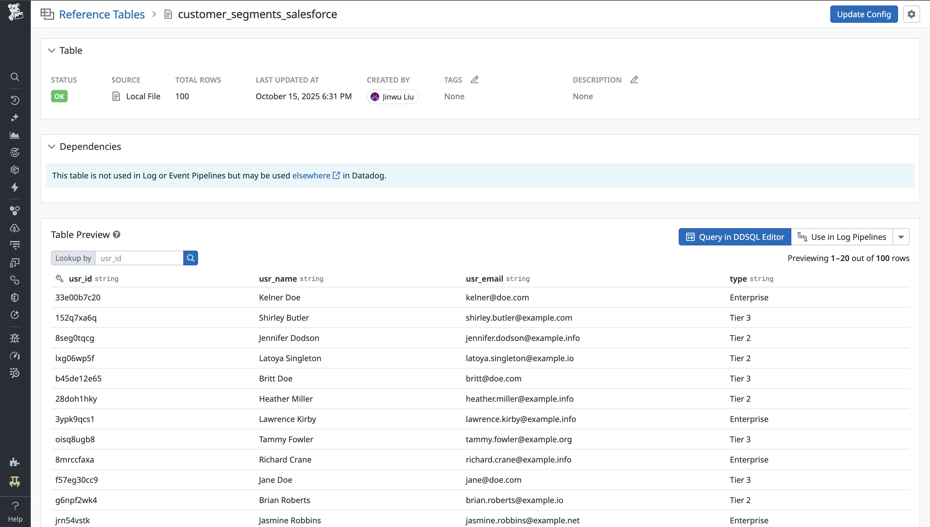 A screenshot showing a Reference Table populated with Salesforce customer information metadata. A screenshot showing a Reference Table populated with Salesforce customer information metadata.