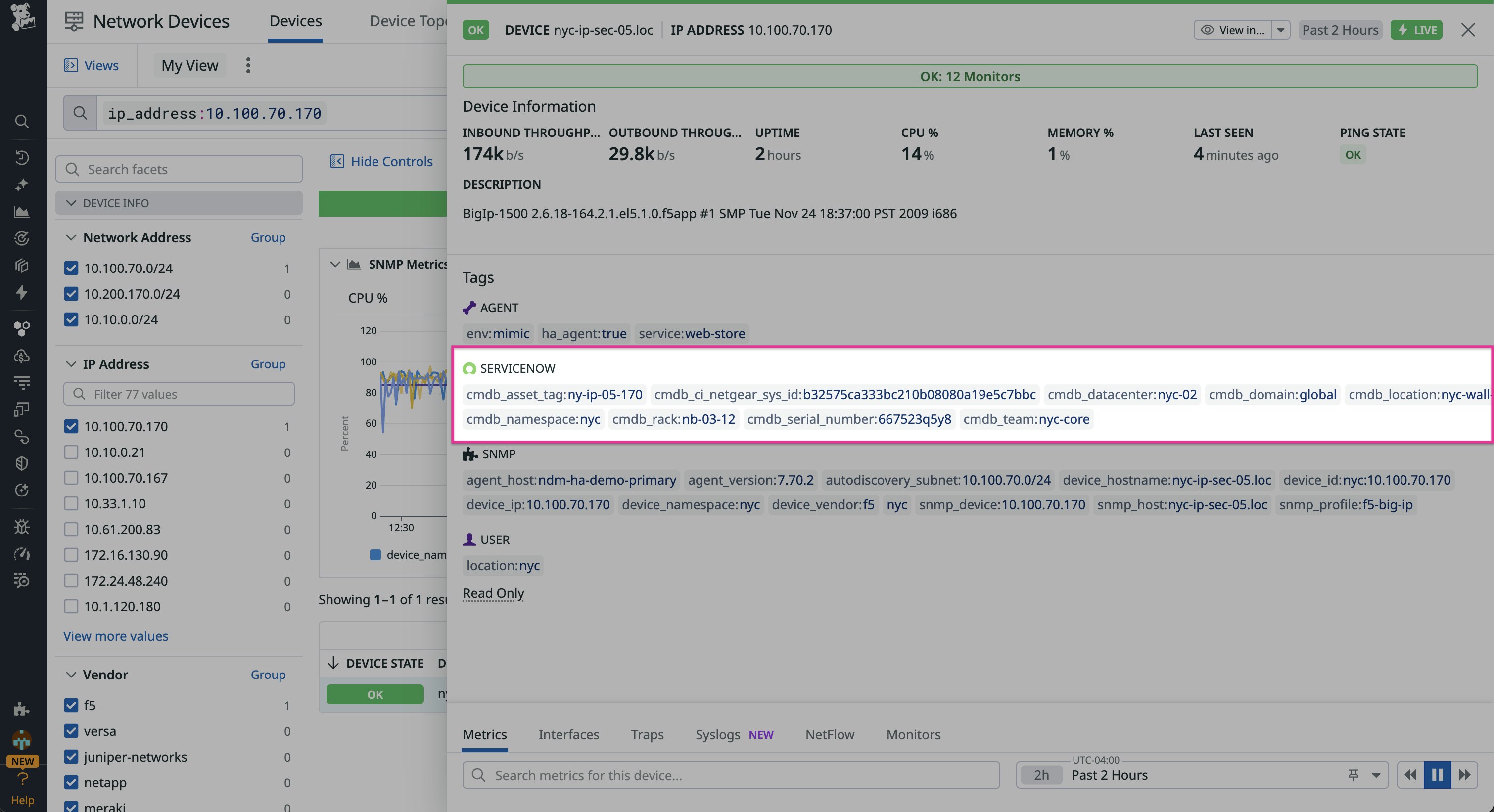 A screenshot showing Datadog Network Device monitoring with ServiceNow network device metadata. A screenshot showing Datadog Network Device monitoring with ServiceNow network device metadata.