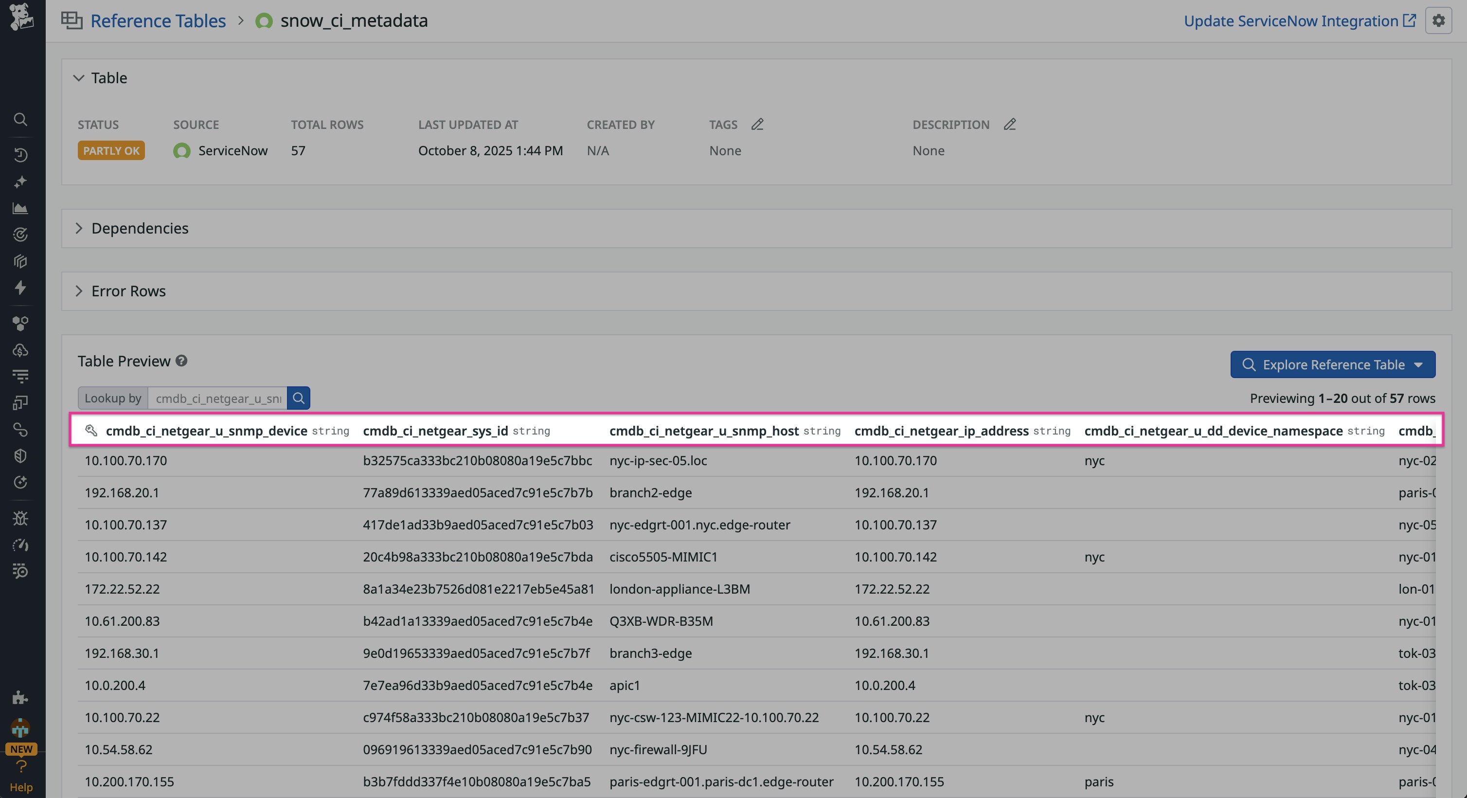 A screenshot showing a Reference Table populated with ServiceNow network device metadata. A screenshot showing a Reference Table populated with ServiceNow network device metadata.
