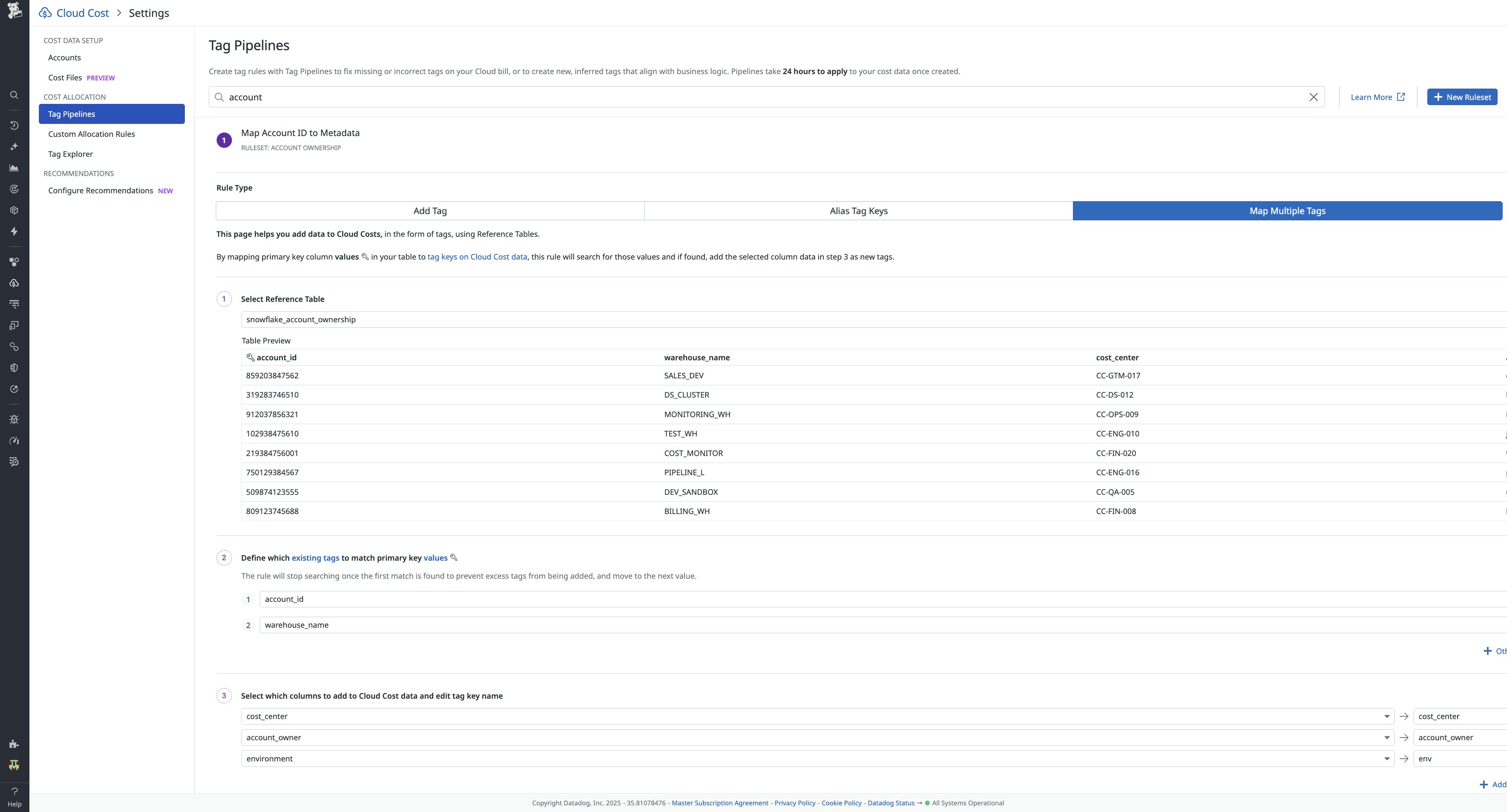 A screenshot showing the creation of a tag pipeline based on the Snowflake ownership Reference Table. A screenshot showing the creation of a tag pipeline based on the Snowflake ownership Reference Table.
