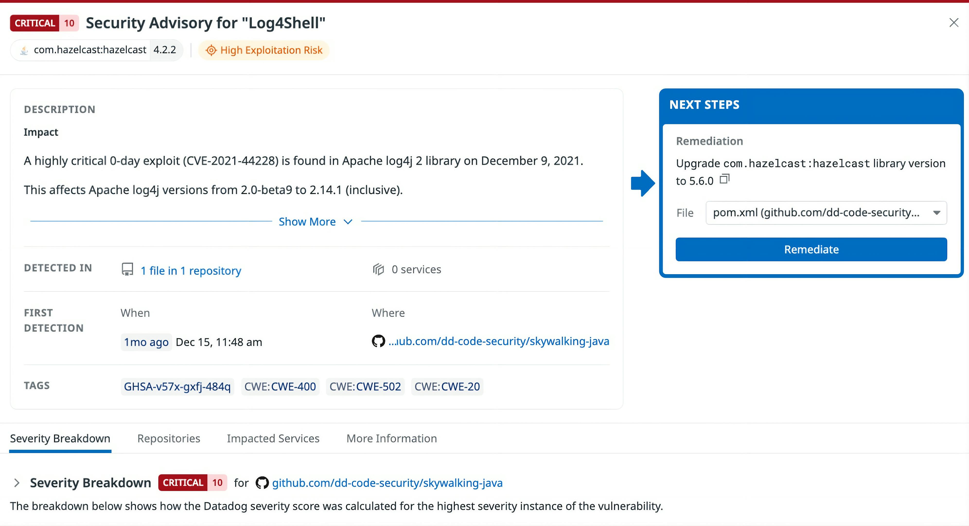 Security advisory with recommended next step: Upgrade the affected dependency to a safe version.