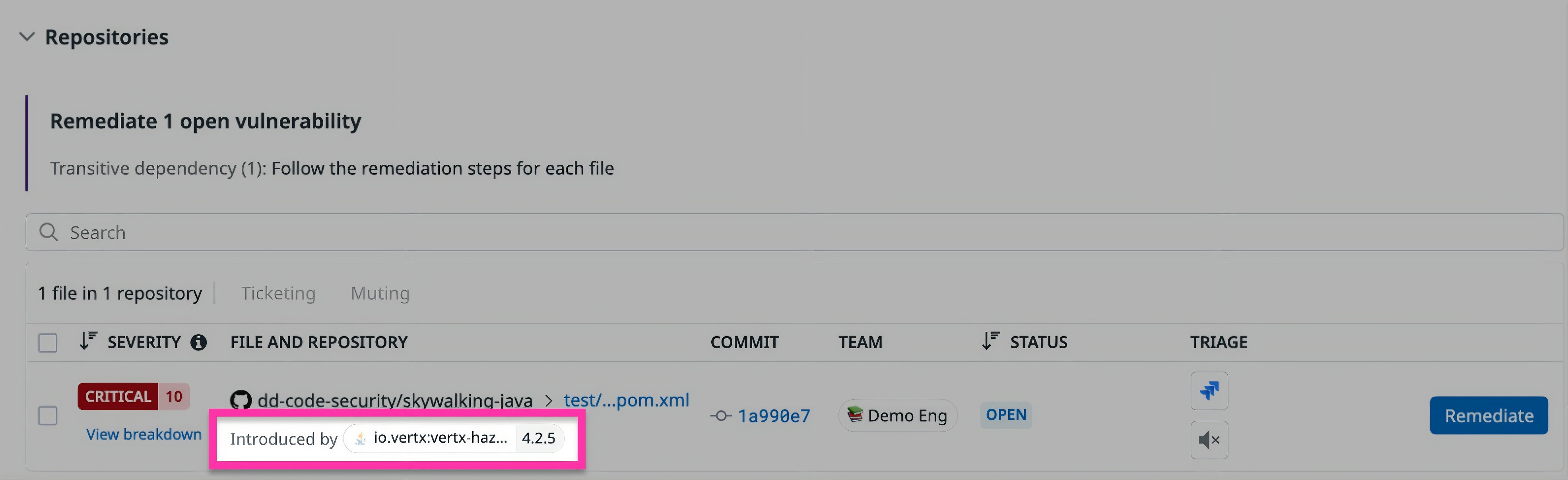 Repository view showing one vulnerable file and the dependency version that introduced it. Repository view showing one vulnerable file and the dependency version that introduced it.
