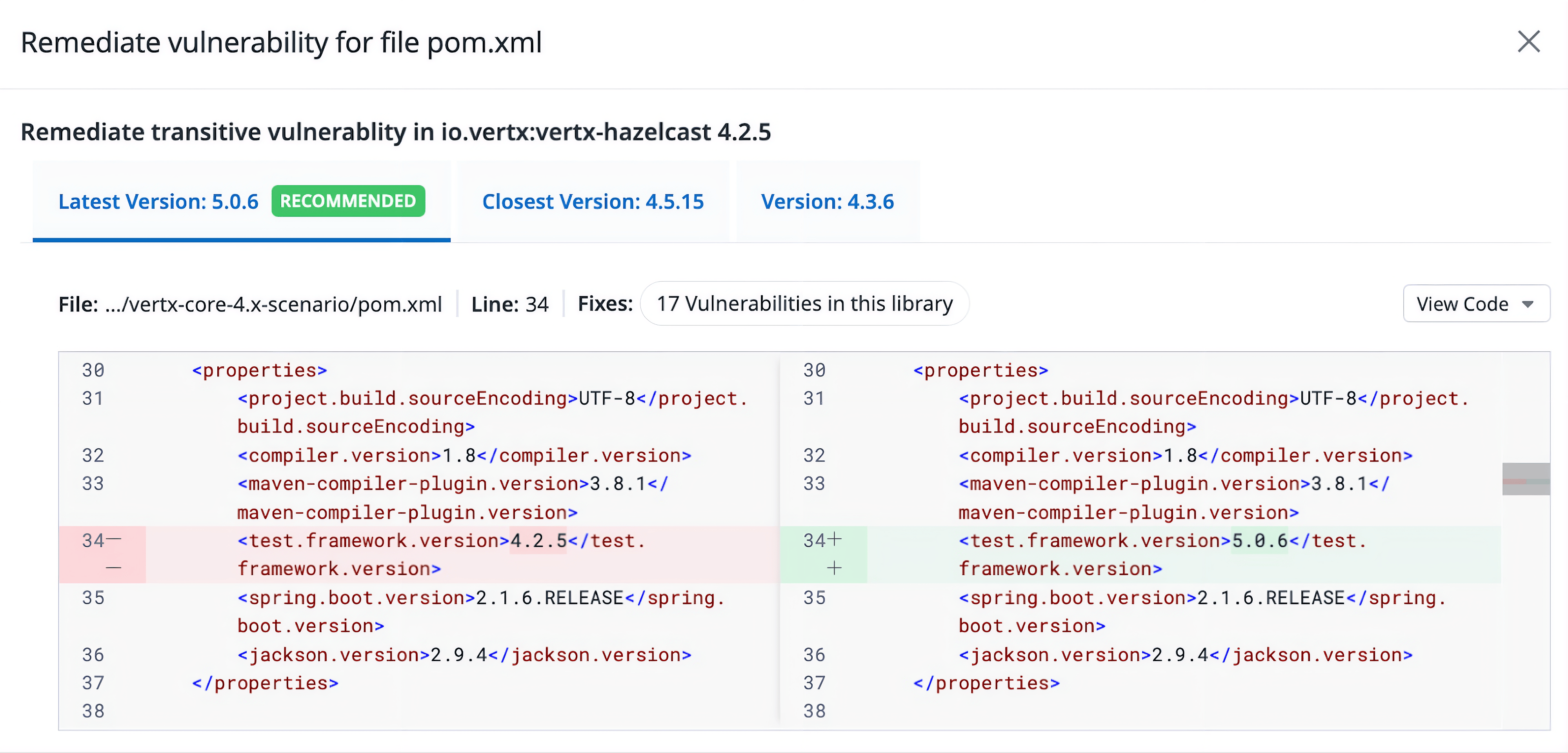 Remediation view proposing an upgraded dependency version and showing the exact change. Remediation view proposing an upgraded dependency version and showing the exact change.