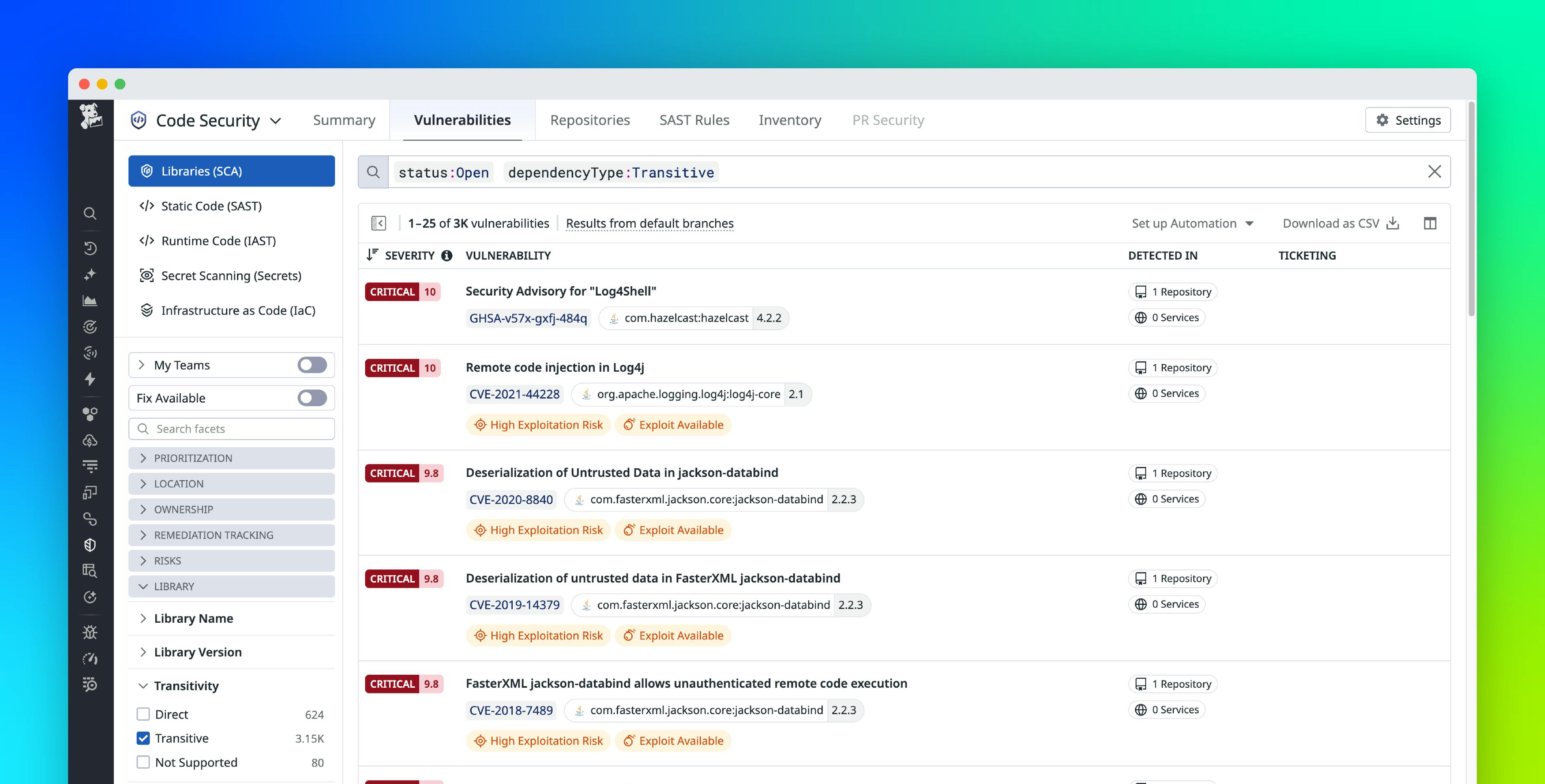 Remediate transitive vulnerabilities faster with Datadog Software Composition Analysis