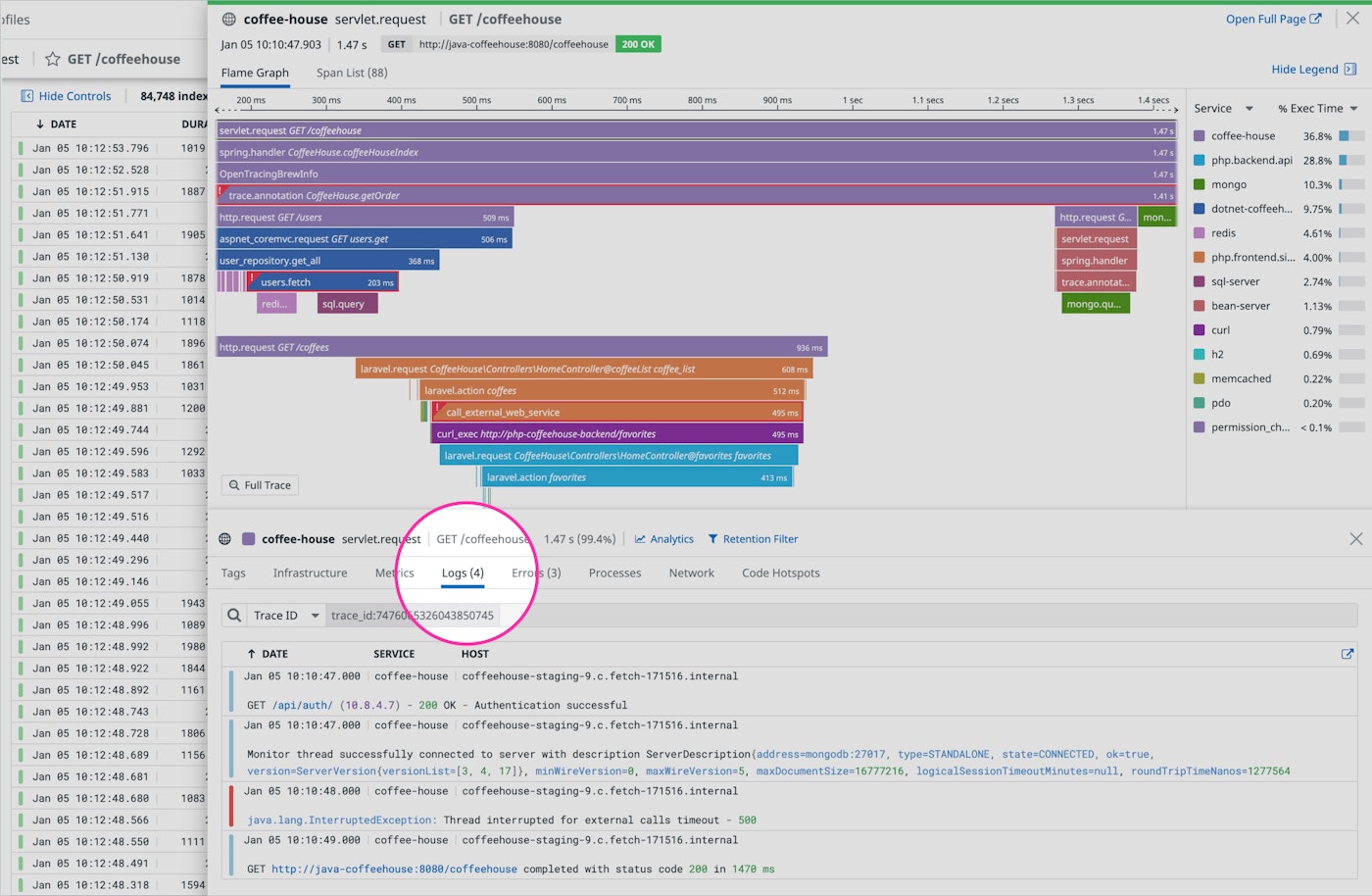 View all the logs correlated with a specific request or transaction in Datadog APM. View all the logs correlated with a specific request or transaction in Datadog APM.