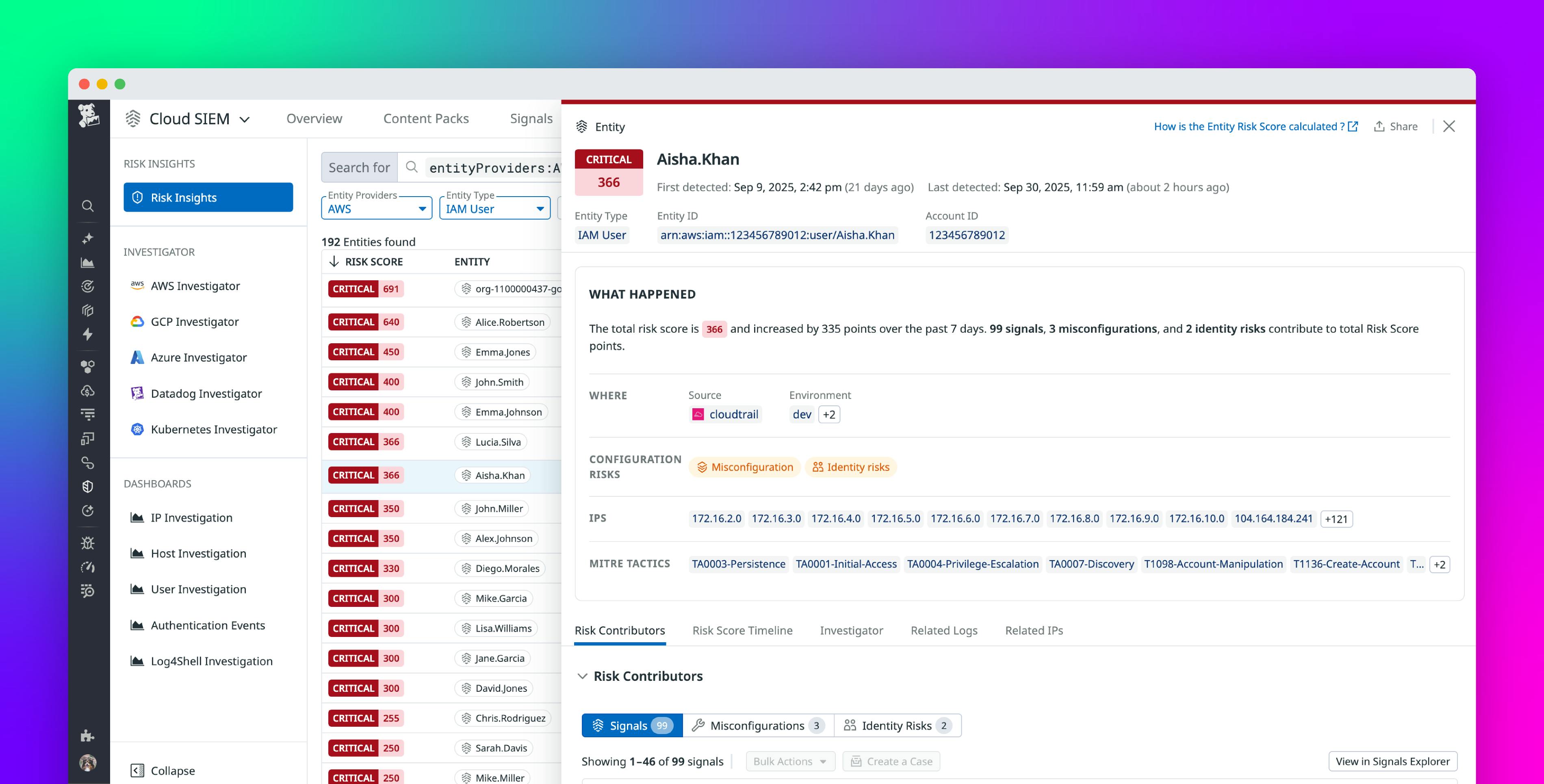 Accelerate investigations with Datadog Cloud SIEM Risk Insights