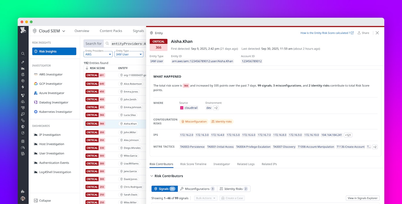 Accelerate investigations with Datadog Cloud SIEM Risk Insights for AWS, GCP, and Azure entities Accelerate investigations with Datadog Cloud SIEM Risk Insights for AWS, GCP, and Azure entities