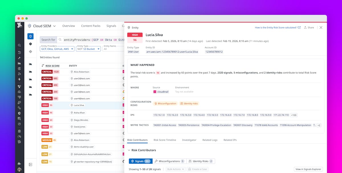 Accelerate investigations with Datadog Cloud SIEM Risk Insights