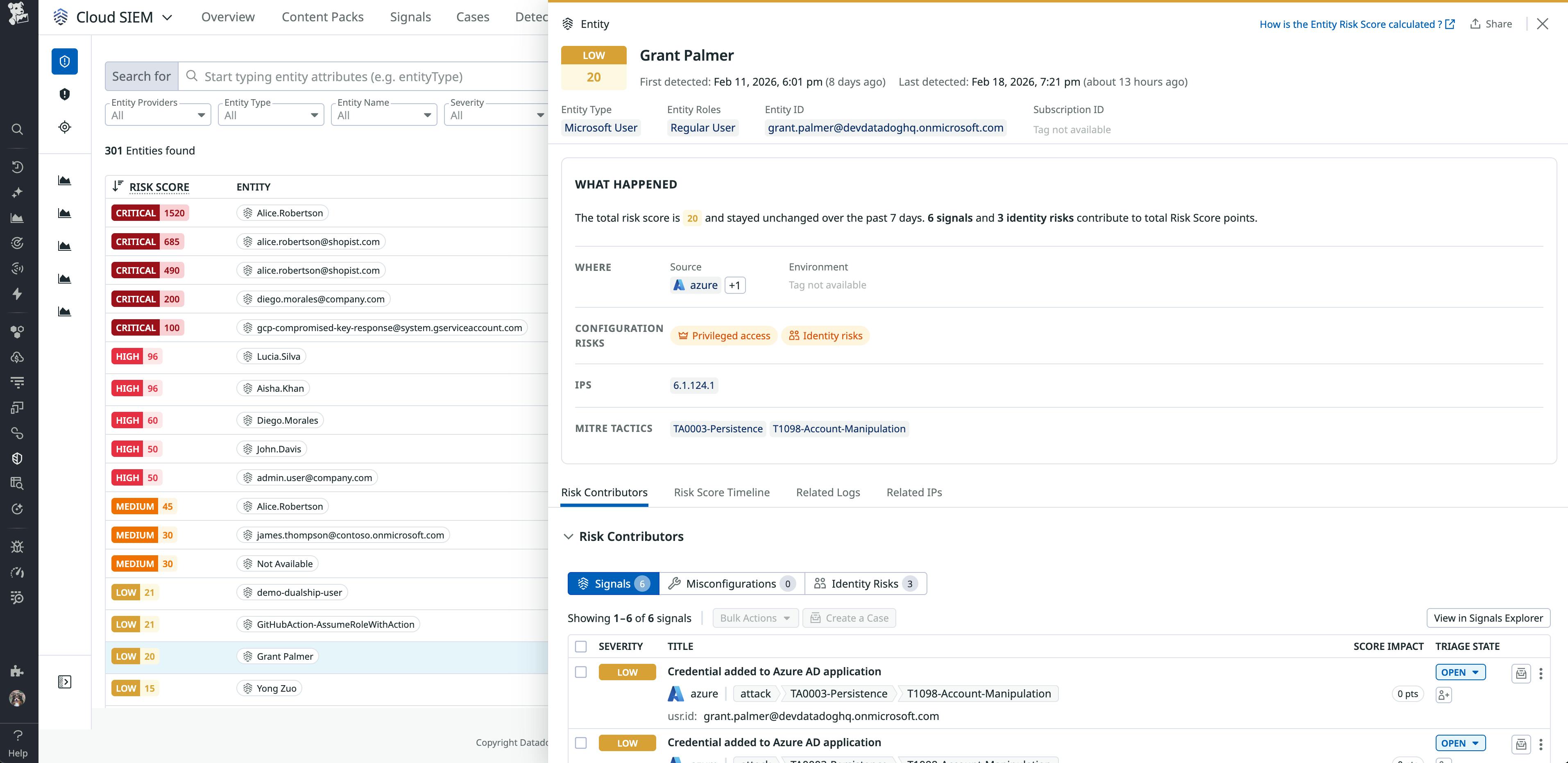 Use the Entity Side Panel to review an Azure entity's context and risk score breakdown.