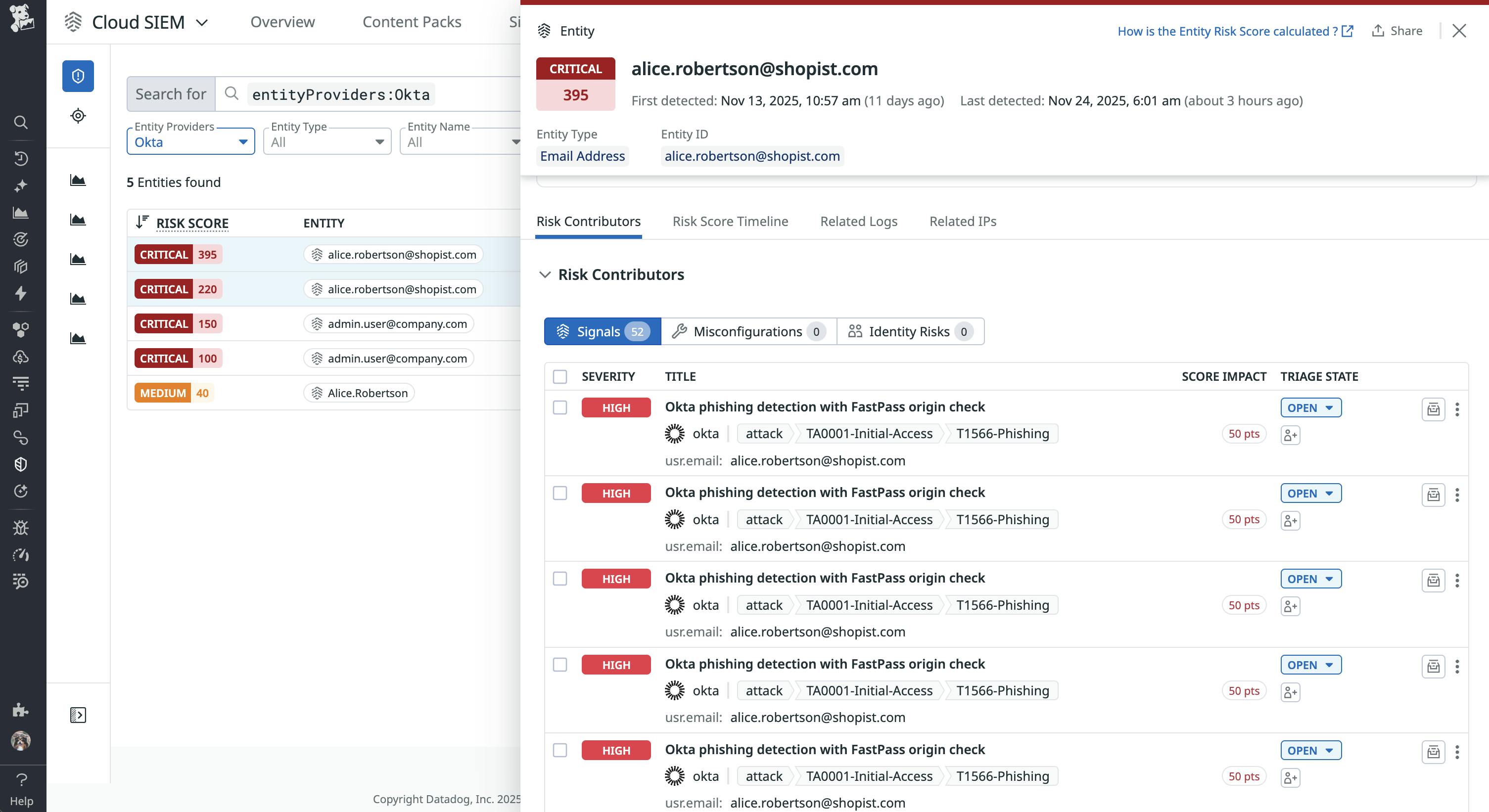 Use the Entity Side Panel to review an Okta entity's context and risk score breakdown.