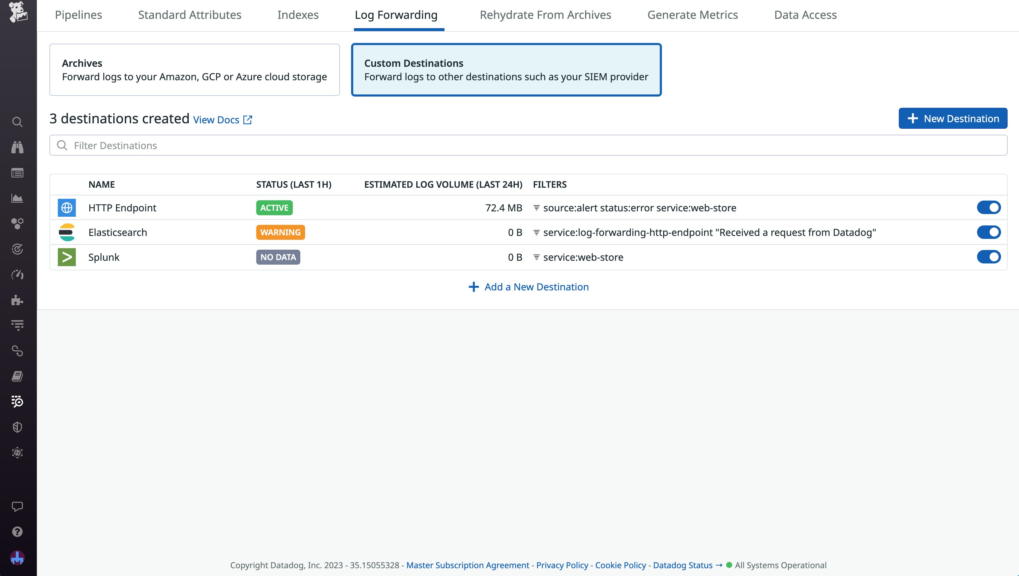 The Log Forwarding overview page in Datadog, showing Splunk, Elasticsearch, and HTTP endpoints. The Log Forwarding overview page in Datadog, showing Splunk, Elasticsearch, and HTTP endpoints.