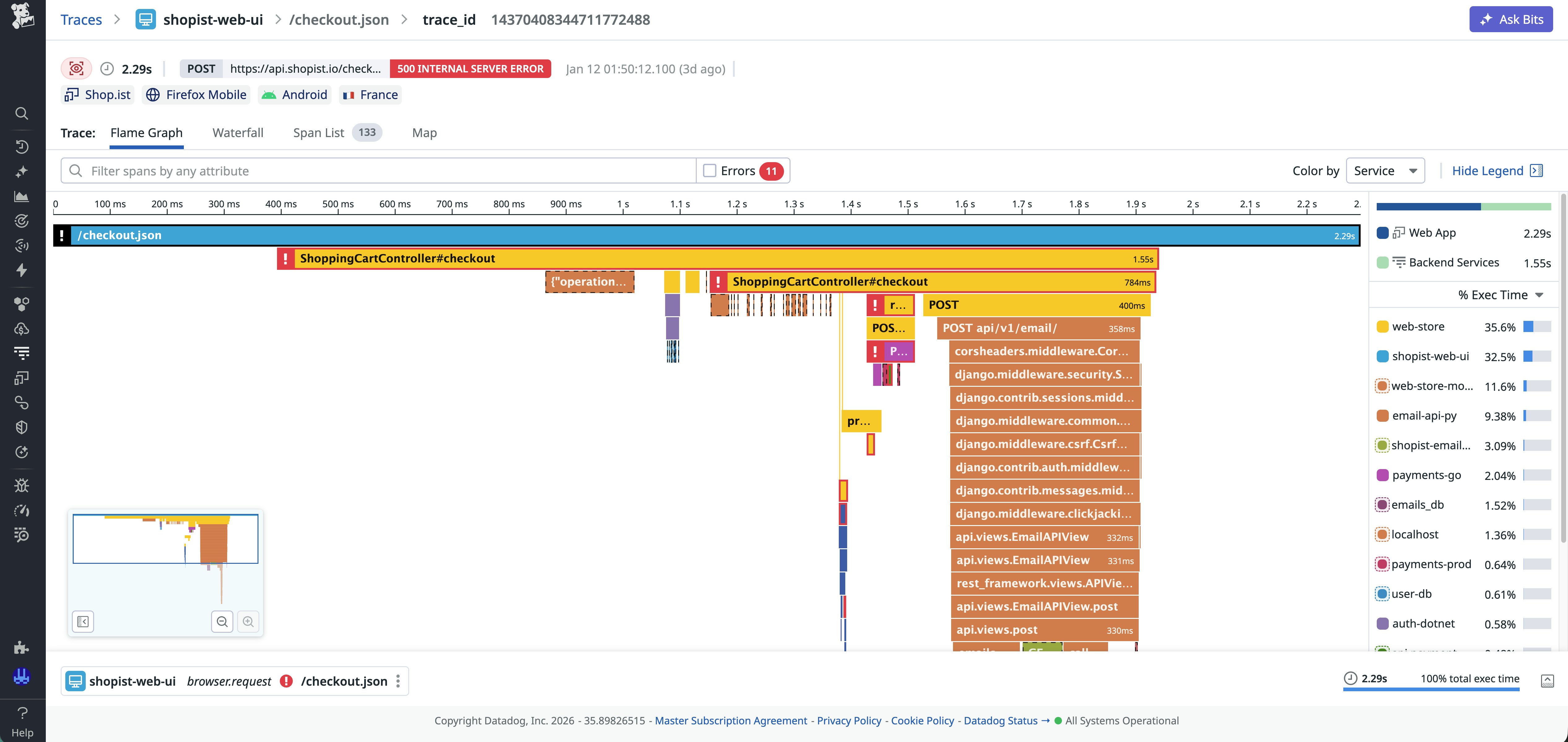 Screenshot of the retained distributed trace of the fetch resource. Screenshot of the retained distributed trace of the fetch resource.