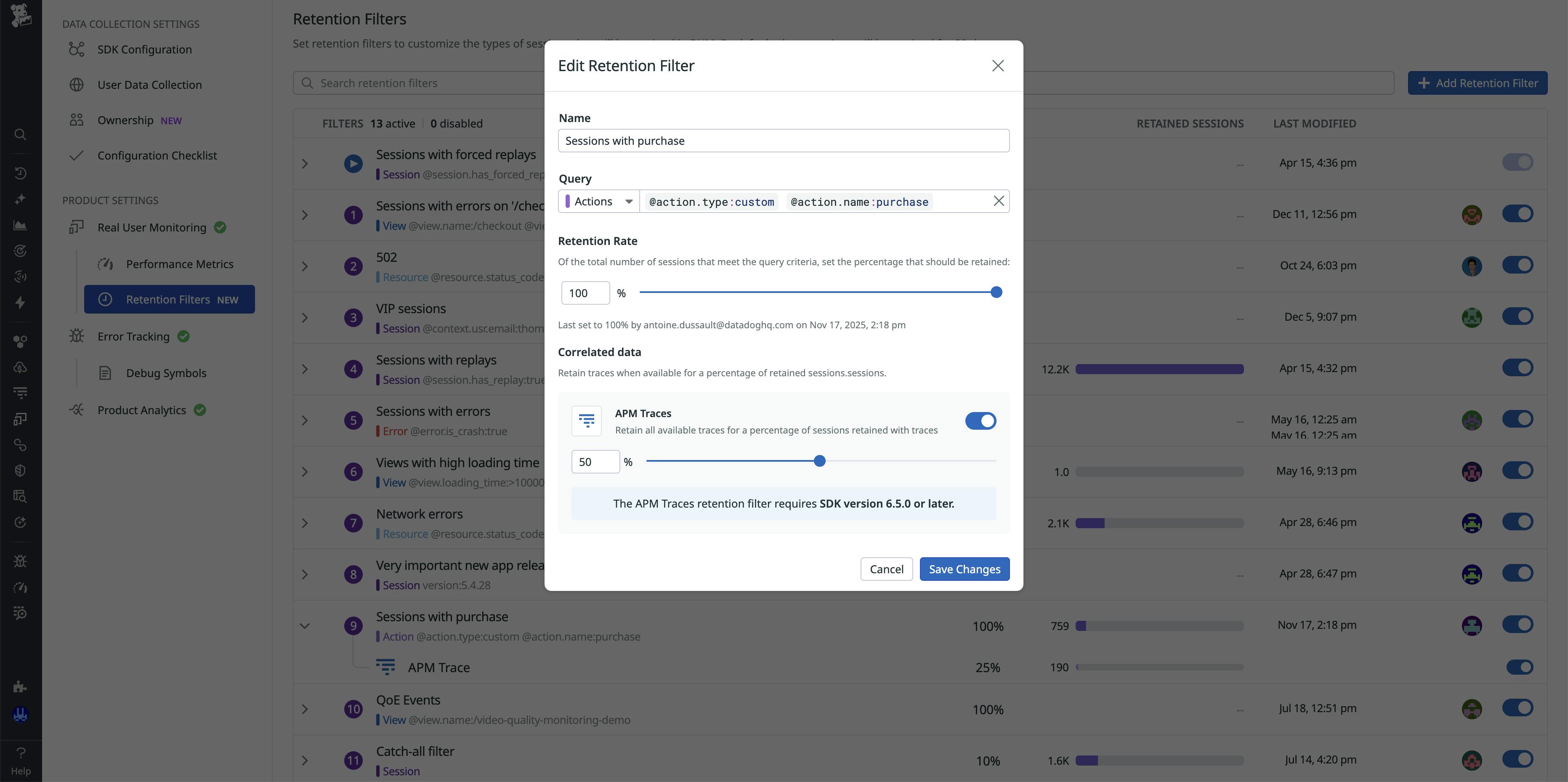 Screenshot of the RUM UI showing cross-product retention filter configuration to retain correlated APM traces.