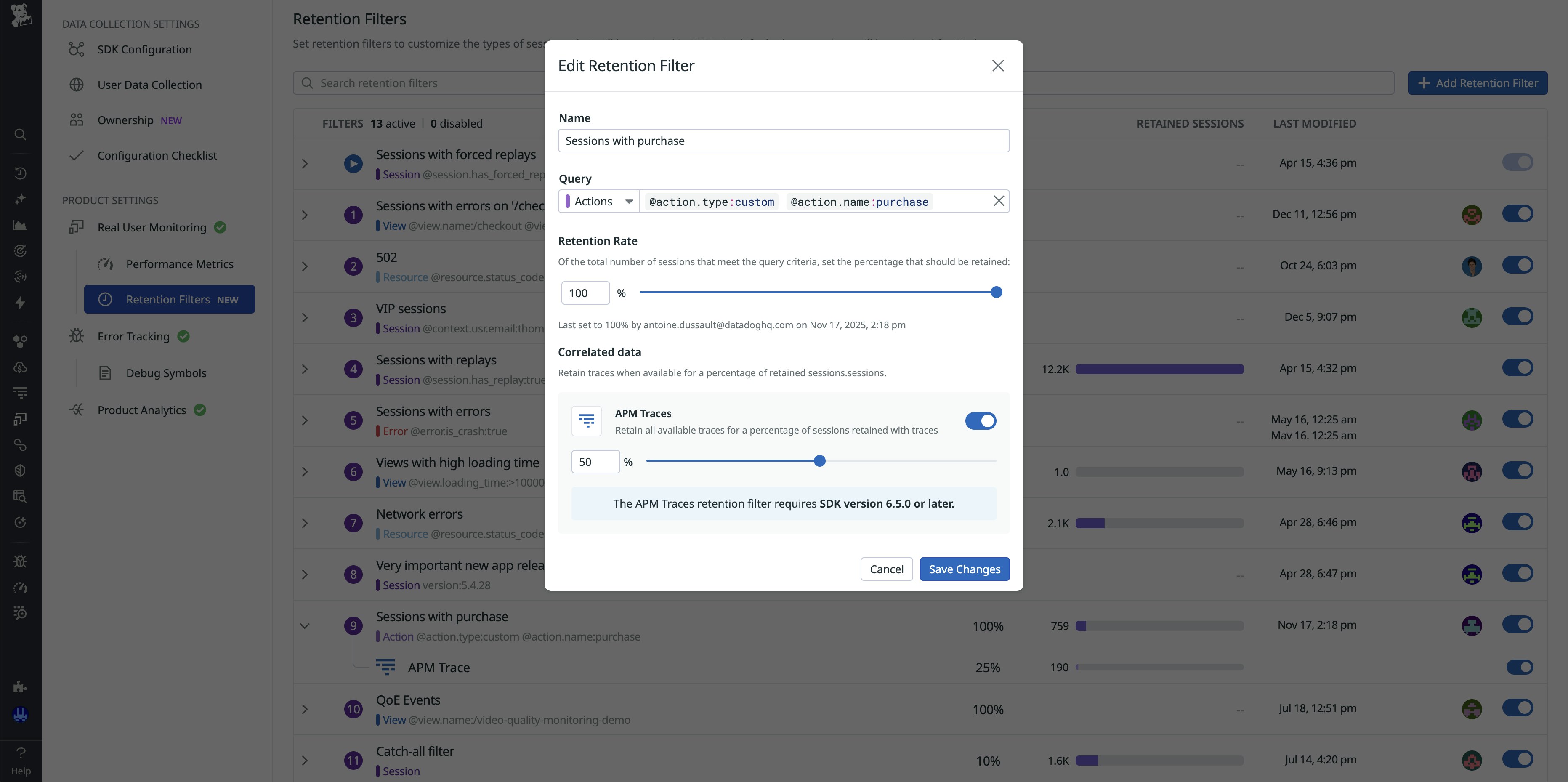 Screenshot of the RUM UI showing cross-product retention filter configuration to retain correlated APM traces. Screenshot of the RUM UI showing cross-product retention filter configuration to retain correlated APM traces.