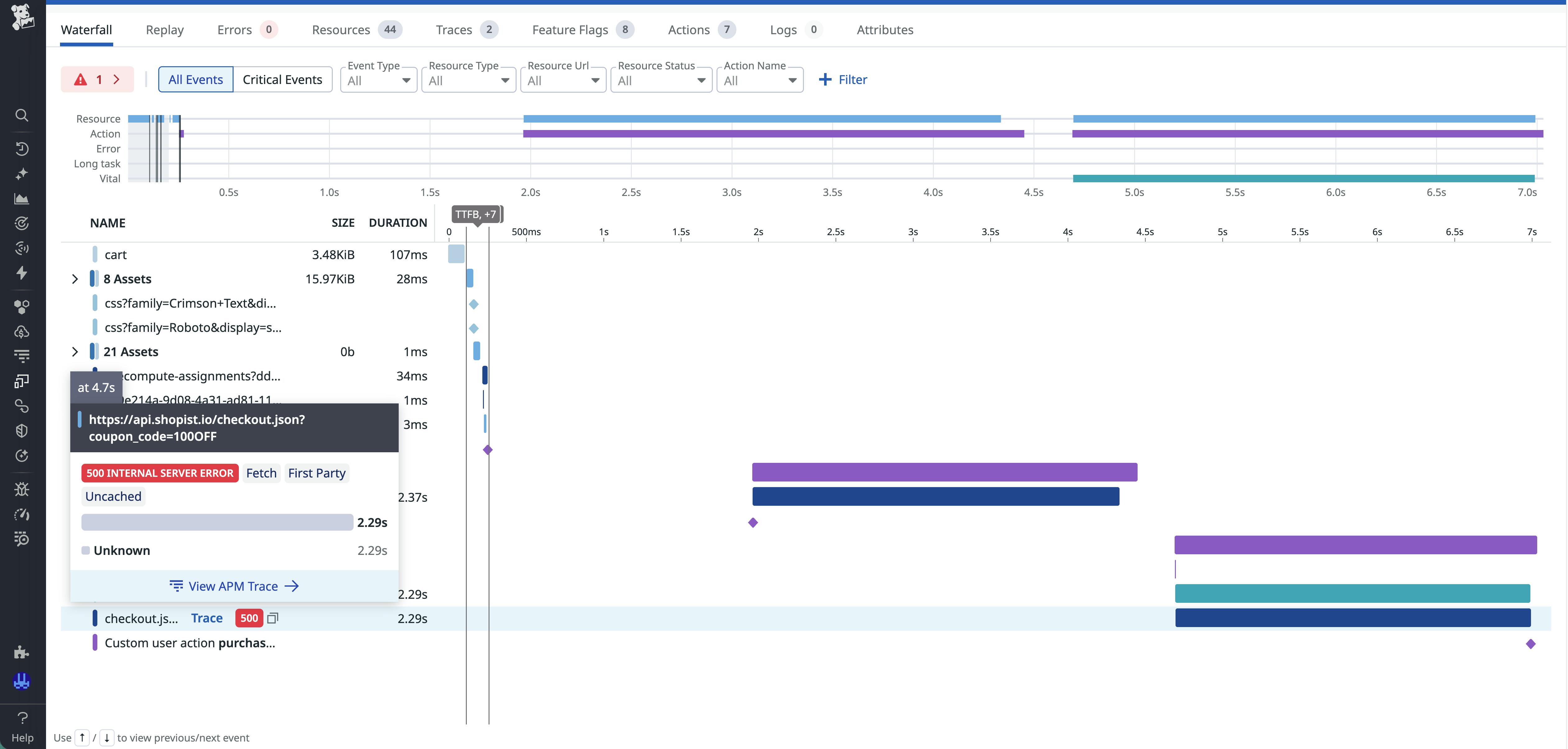 Screenshot of a RUM view waterfall showing a fetch resource correlated with a retained trace.