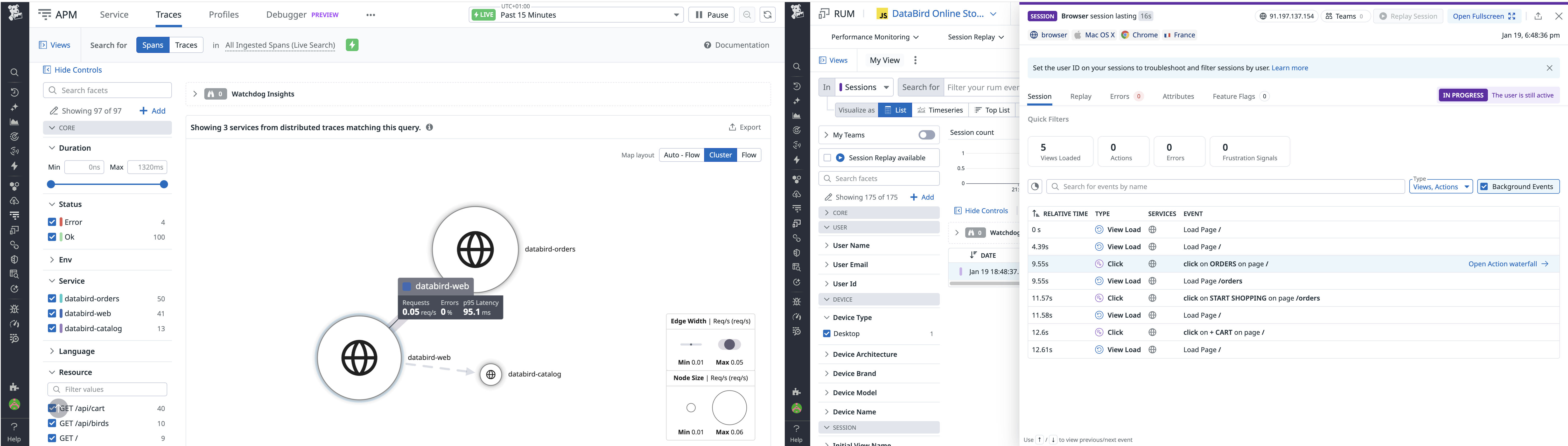 Correlate RUM sessions with APM traces using service map and session details views.