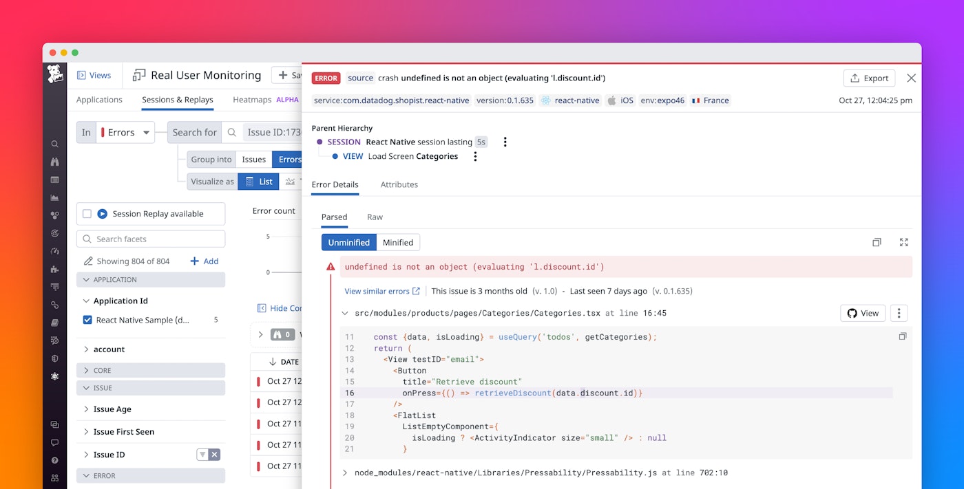 RUM now offers React Native Crash Reporting and Error Tracking RUM now offers React Native Crash Reporting and Error Tracking