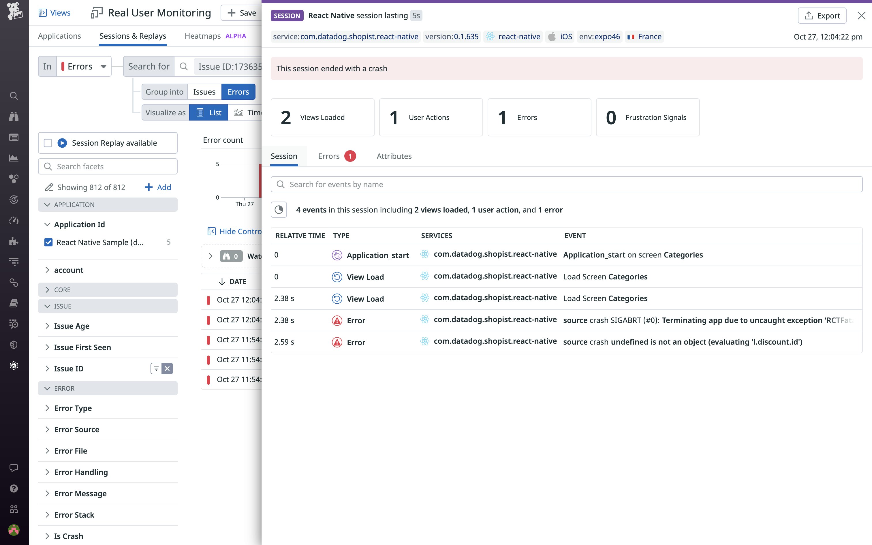 RUM provides detailed context for each individual error RUM provides detailed context for each individual error