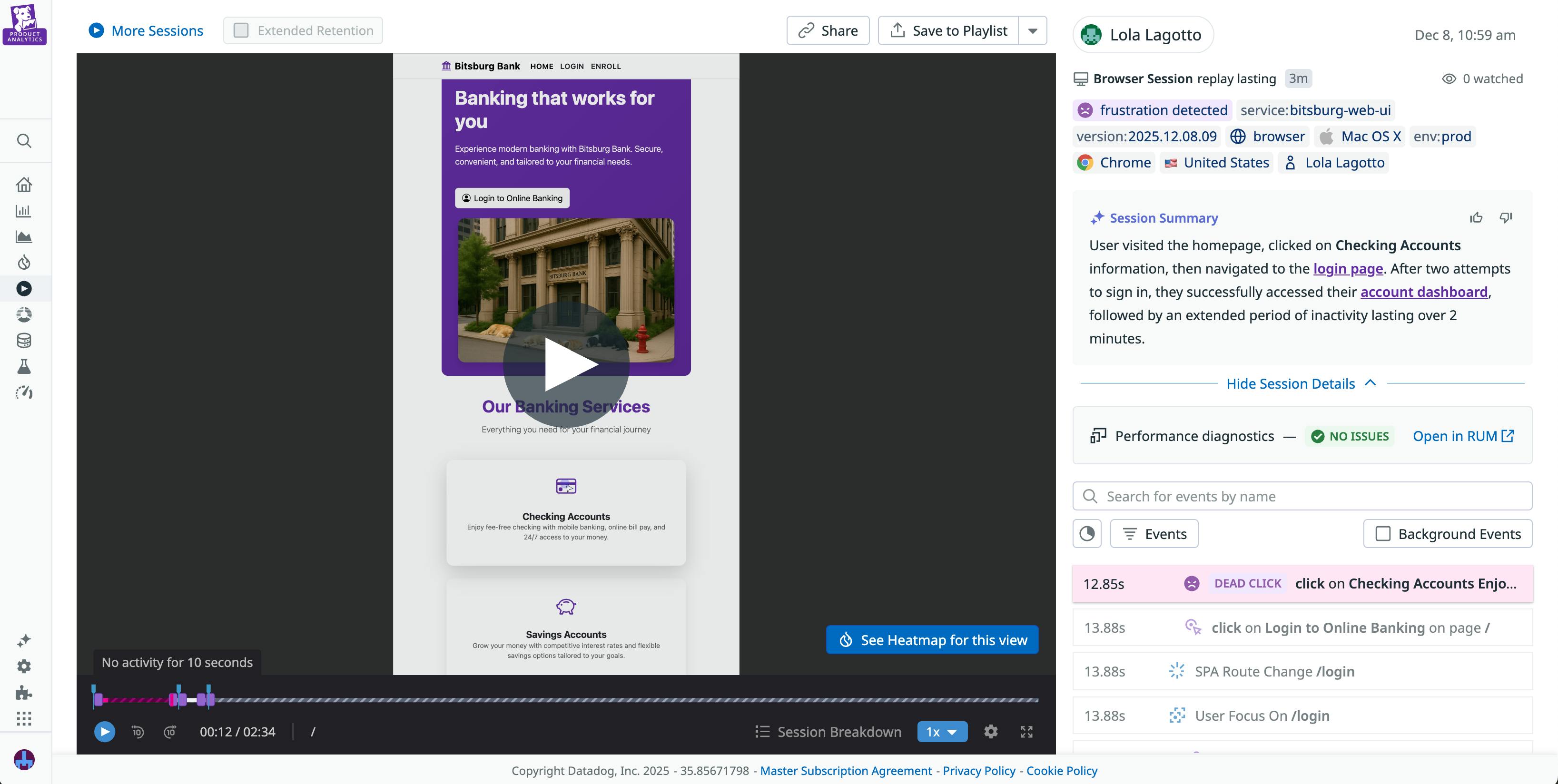 A replay for a session that involved frustration clicks.