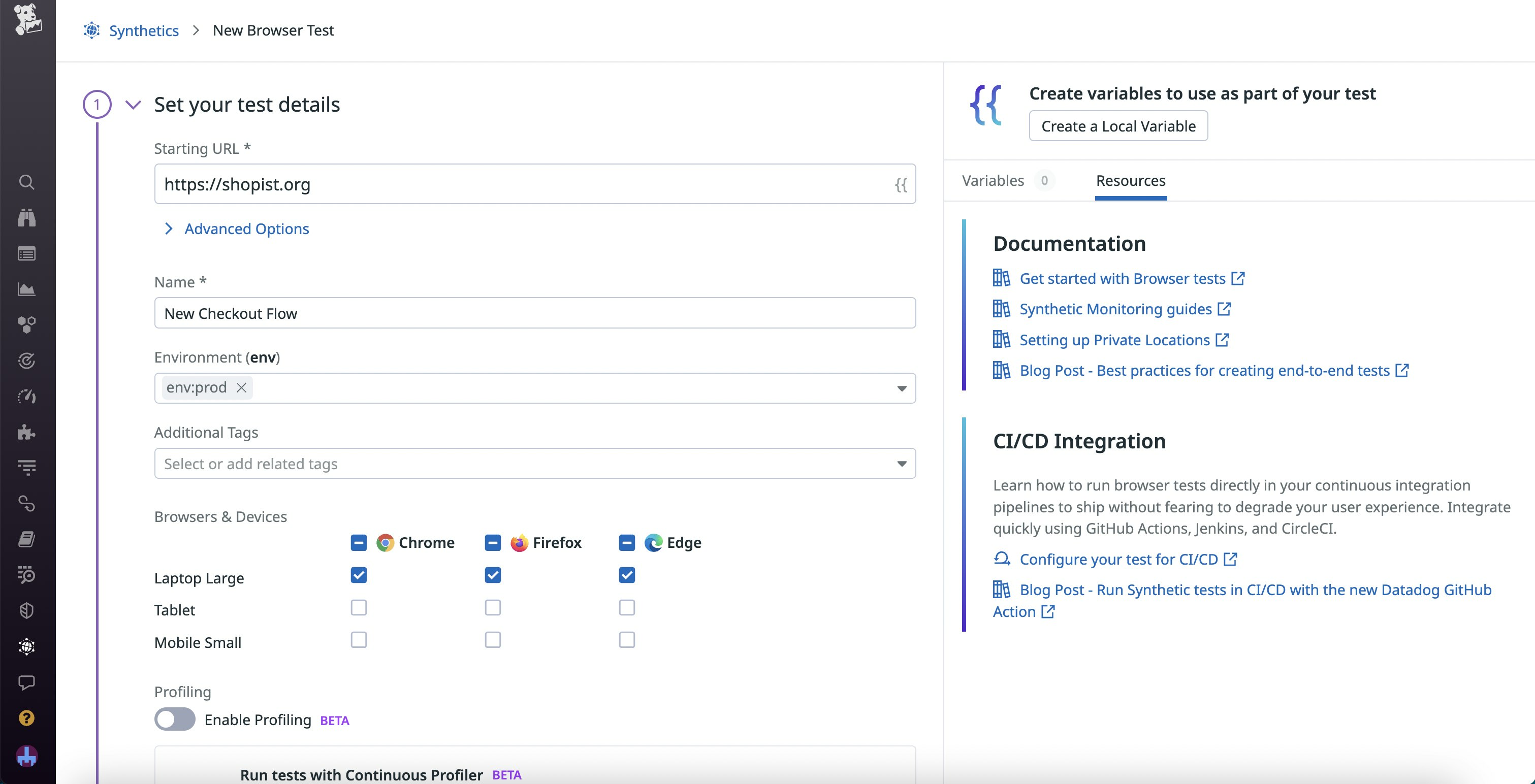 The test creation page for a new browser test in Synthetic Monitoring. The test creation page for a new browser test in Synthetic Monitoring.
