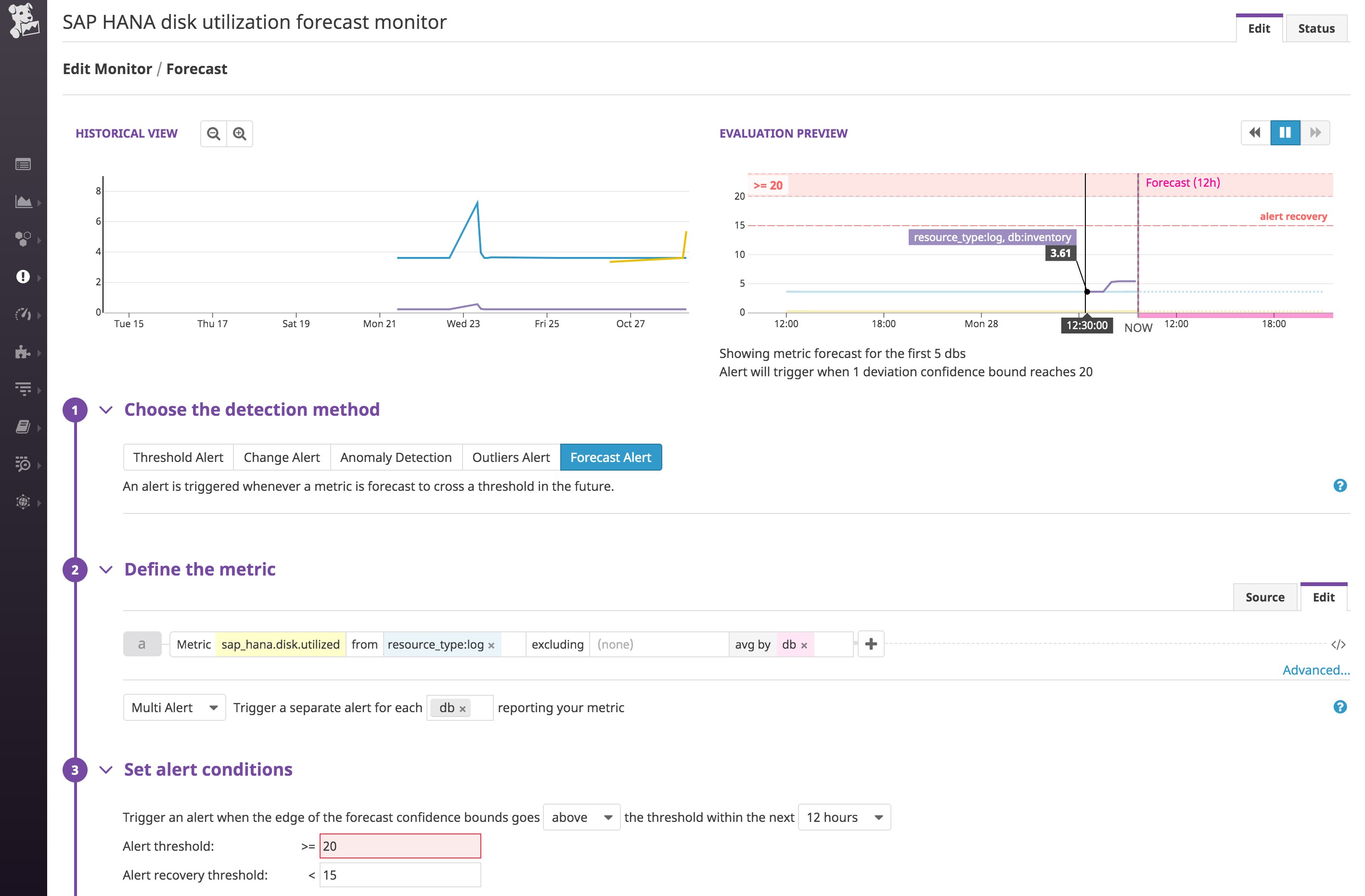 The screen to create a forecast alert shows the projected values for the disk utilization of each database's log volume. This alert will trigger when utilization is projected to surpass 20 percent. The screen to create a forecast alert shows the projected values for the disk utilization of each database's log volume. This alert will trigger when utilization is projected to surpass 20 percent.