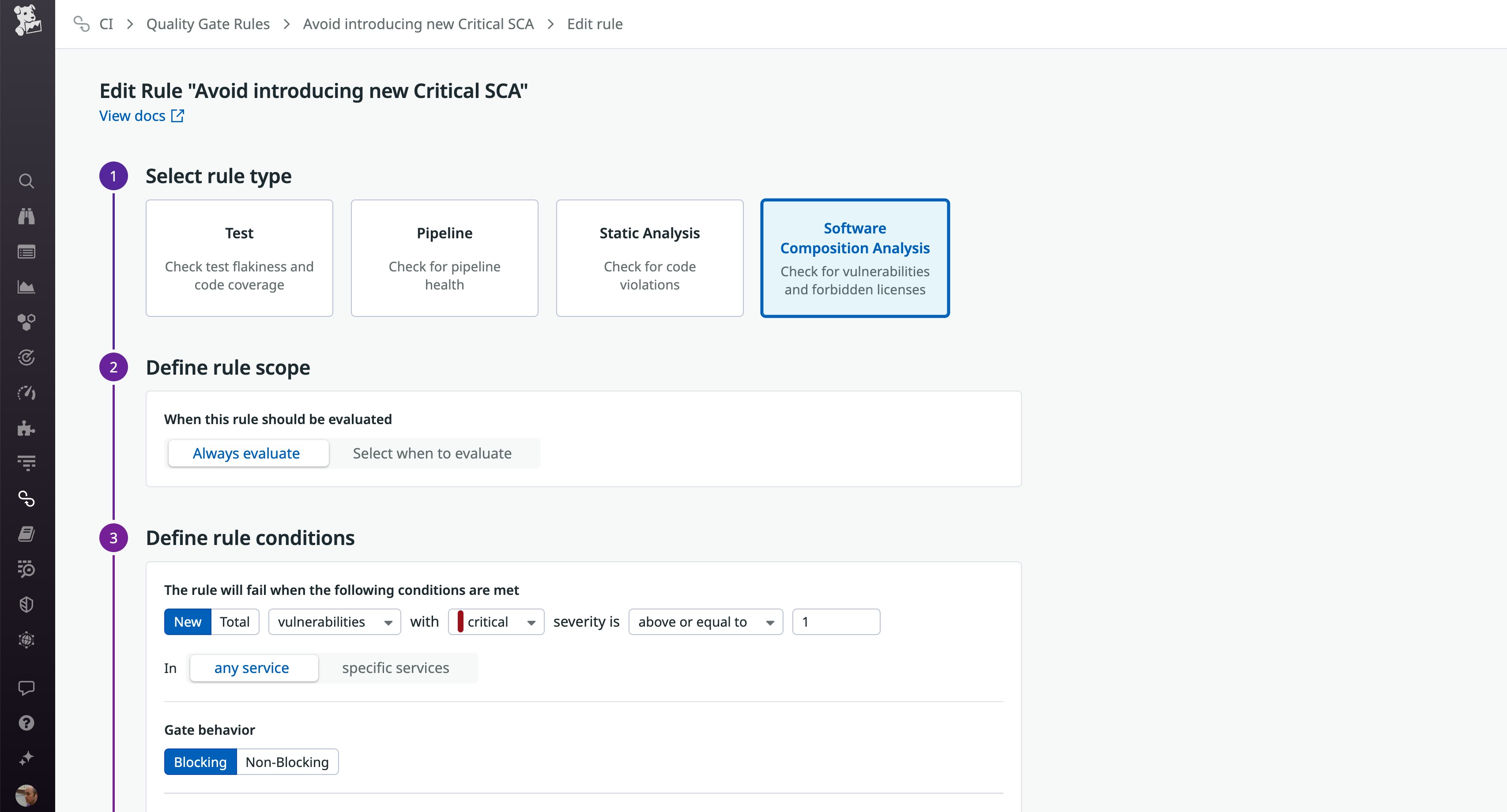 The screen to create a quality gate rule includes a control for the rule scope and rule conditions. The screen to create a quality gate rule includes a control for the rule scope and rule conditions.
