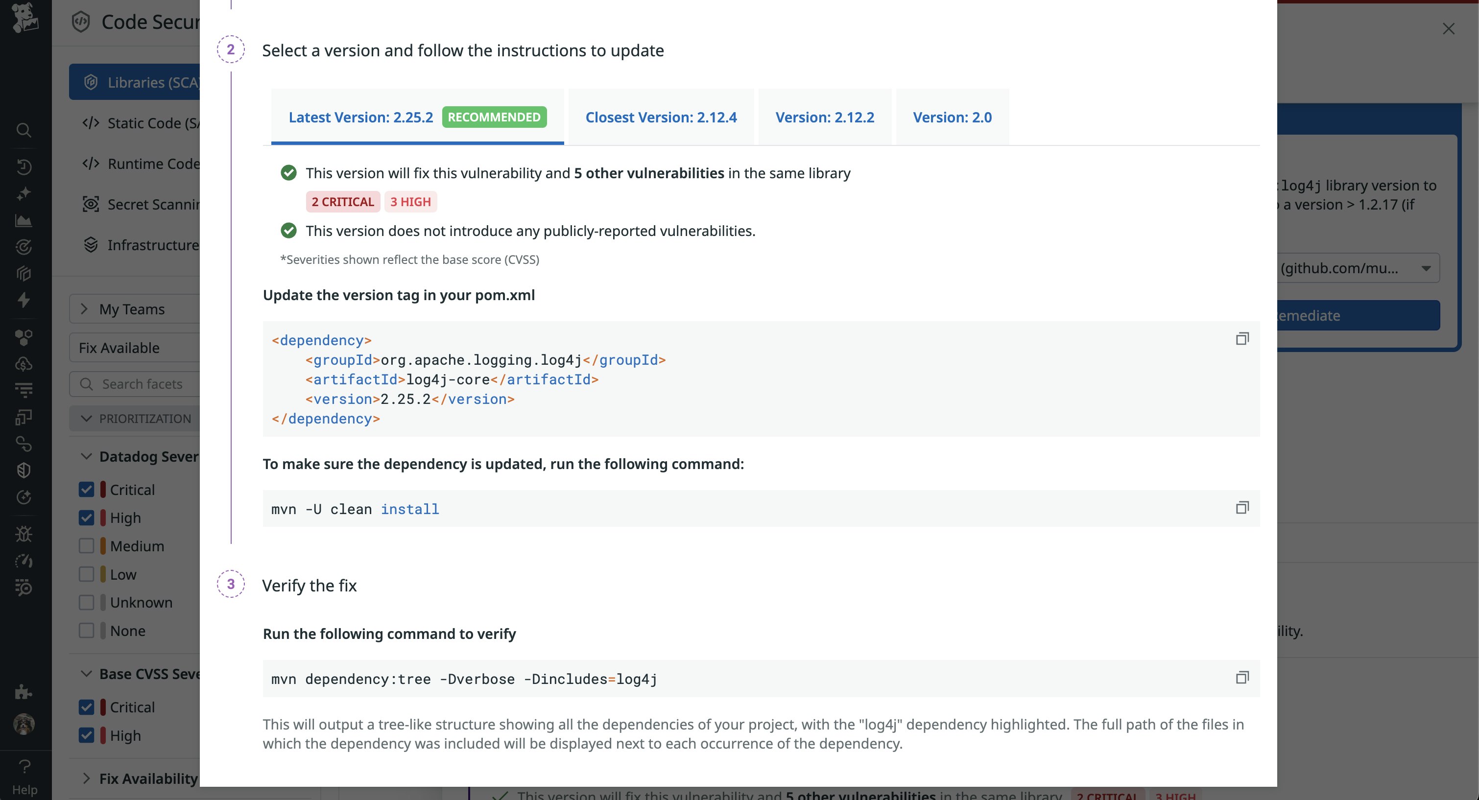 SCA shows details remediation steps for a SQL injection vulnerability. SCA shows details remediation steps for a SQL injection vulnerability.