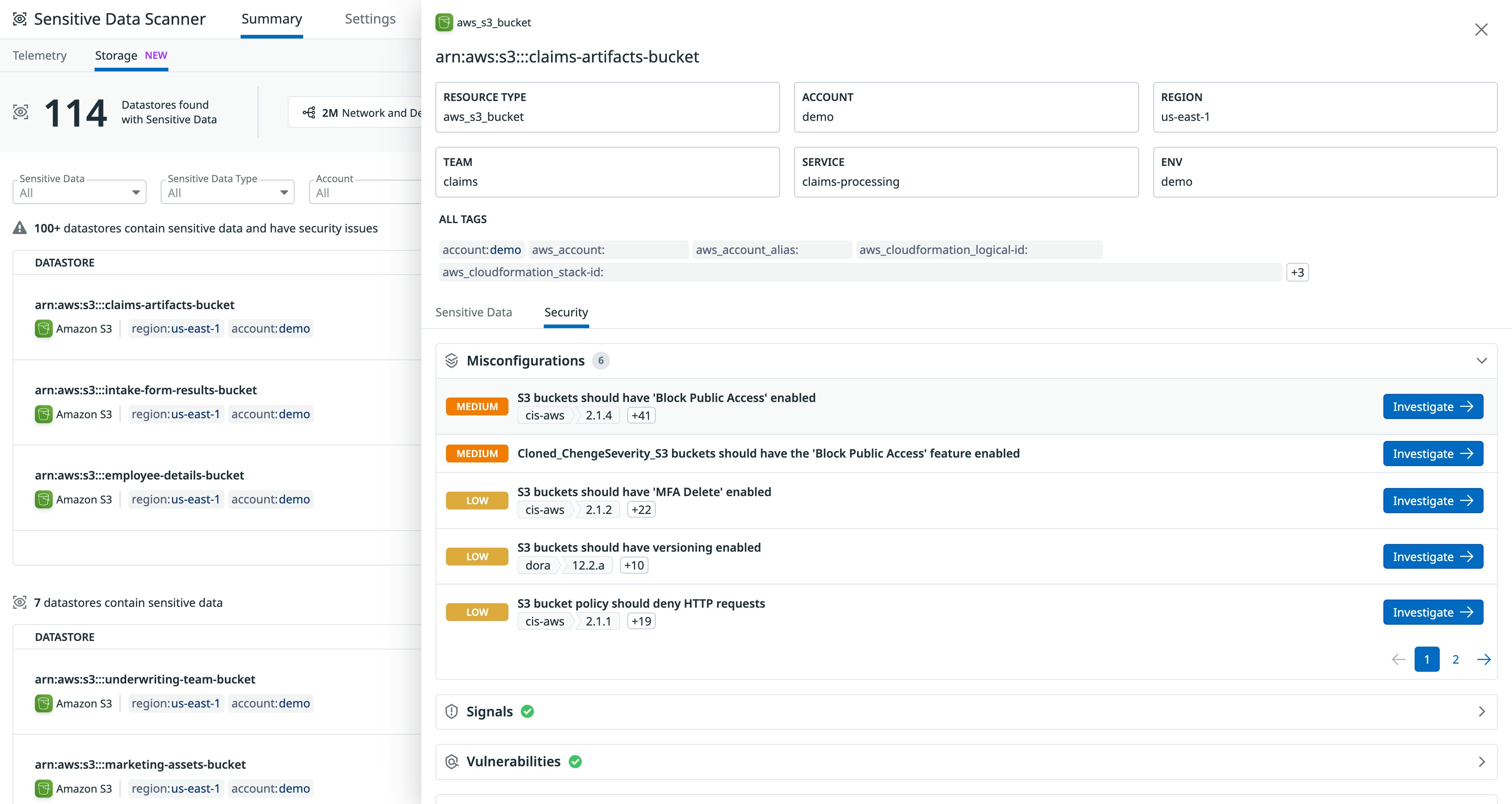 Cloud Security shows the security posture of S3 buckets. Cloud Security shows the security posture of S3 buckets.