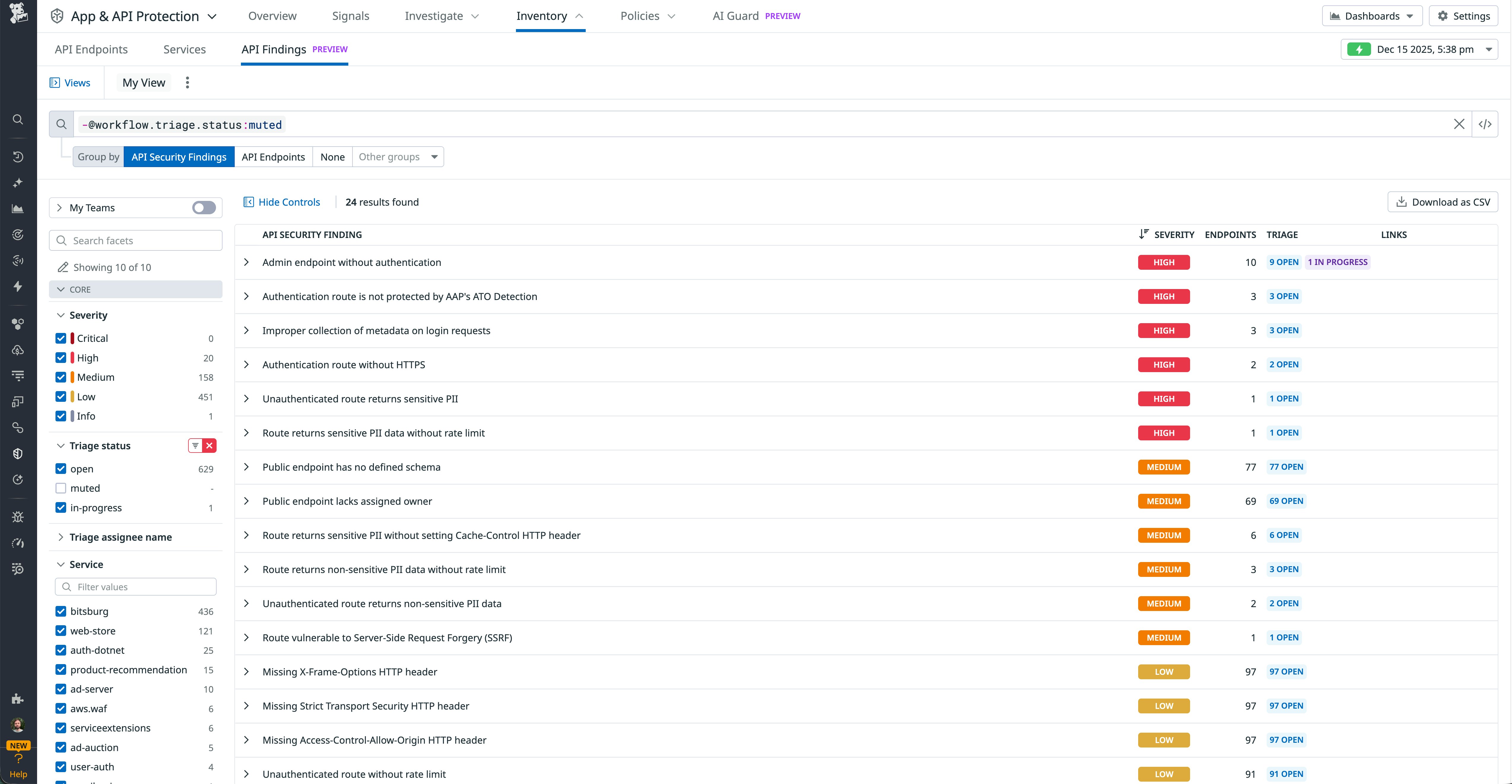 Datadog API Findings view showing a prioritized list of API security findings with severity, endpoint, and triage status. Datadog API Findings view showing a prioritized list of API security findings with severity, endpoint, and triage status.